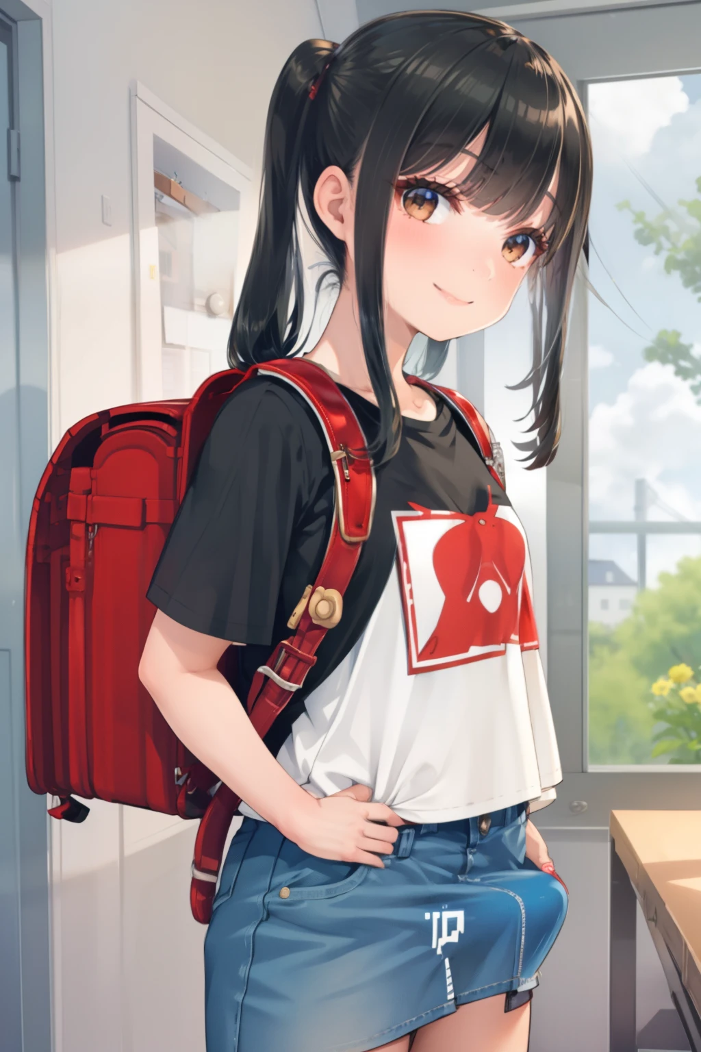 1girl, masterpiece, best quality,looking at viewer, ,oversized t-shirt,front view,smile,black hair, headphine, indoors,brown eyes,center, smile, wearing red backpack, bulge, cloth bulge, (futanari:1.4), 20 y.o, (bulge:1.1)