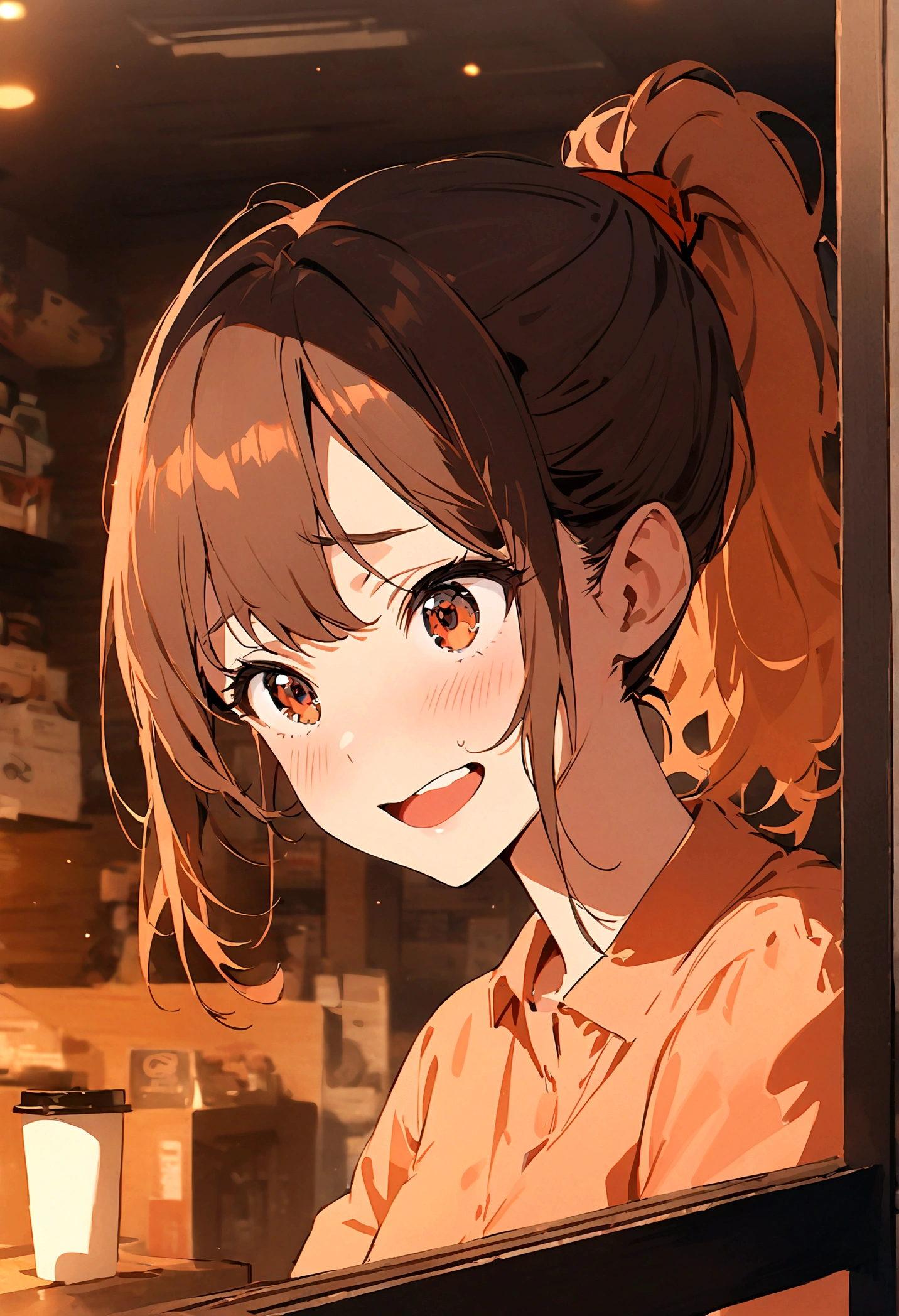 girl, Pull up your ponytail, Disgusted look, laugh at, High-quality images, masterpiece, Coffee Shop,