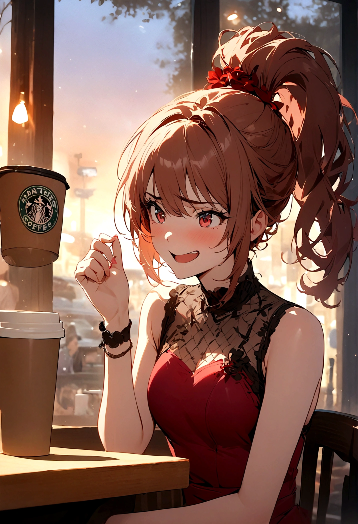 girl, Pull up your ponytail, Disgusted look, laugh at, High-quality images, masterpiece, Coffee Shop,