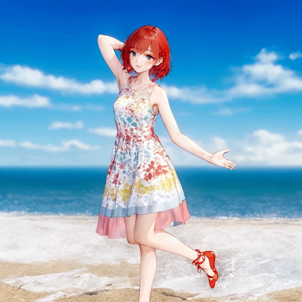 There is a woman in a dress standing on the beach, sayori, whole body:: sunny::, Standing near the beach, Cute 3D anime girl render, Fashion pose, Dancing on the beach, She is dancing. Realistic, Asuka as a surfer model, change, !!whole body portrait!!, Girl on the beach, Stylish pose