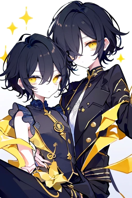 (highest quality、masterpiece:1.2) (((1 boy))) (suit) short hair、black hair,,、yellow eyes、elegant、beautiful eyes、beautiful hair、smooth skin、((low length))((hair above one eye, one eye covered)) (introverted look)upper body visible(((cute face))),(twins:1.5)