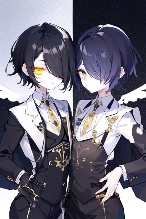 (highest quality、masterpiece:1.2) (((1 boy))) (suit) short hair、black hair,,、yellow eyes、elegant、beautiful eyes、beautiful hair、smooth skin、((low length))((hair above one eye, one eye covered)) (introverted look)upper body visible(((cute face))),(twins:1.5)