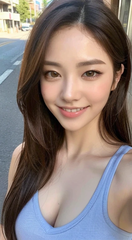 (highest quality, 8k, masterpiece :1.3)), Sharp focus:1.2, Perfect body beauty:1.4, Slim Abs:1.2, ((Layered Hairstyles, smile with closed lips:1.2)), (Tank top shirt:1.1), (street:1.2), Highly detailed face and skin texture, Fine Eyes, double eyelid