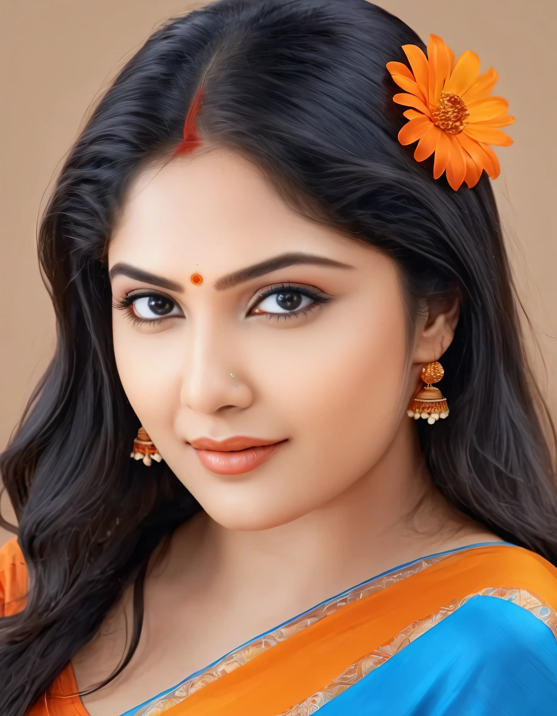 rmx,White Colorful beautiful woman in simple attire,3d characters in royal orange 8D look; black-brown hair, wearing a brown-orange gradient shade maala in neck, cleavage, orange gradient saree, flowers in her hair like tiara, nice perfect face with soft skinice perfect face, blue yellow colors, little light orange and yellow additions, light red additions, intricate detail, splash screen, cute face,artstation digital painting smooth veryBlack ink flow: 8k resolution photorealistic masterpiece: intricately detailed fluid gouache painting: by Jean Baptiste Mongue: calligraphy: acrylic: watercolor art, professional photography, natural lighting, volumetric lighting maximalist photoillustration: by marton bobzert:, complex, elegant, expansive, fantastical 