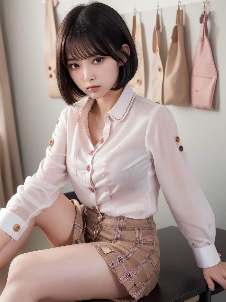 (8k, Photorealistic, Raw photo, Highest quality: 1.4),Japanese idol-style beautiful girl,1 person,17 years old,Hairstyle(Short Bob,Black :1.4),She has her hair tucked behind her ears,Large, clear grey eyes,Long eyelashes,Plump Cheeks,Thin and delicate shoulders,(bra(Pink)Wearing),thin abdomen,(She has a plain white short-sleeved blouse on),(All the buttons on her blouse are undone :1.8),(The hem of her blouse is hanging up :1.8),(Pleated skirt(Plaid)Wearing),Blackの靴下を履いている,School classroom,(Cross your legs on the desk :1.4),(Angle from below),Full body portrait
