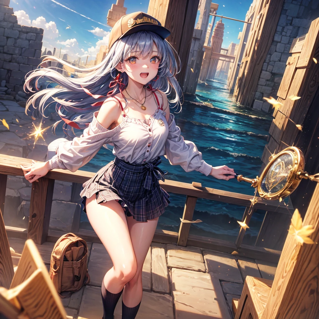 Red Blue Gold Hair、Golden Eyes、Braid、One good looking girl、solo、anime、Checkered mini skirt、Ruffles on the skirt、camisole、cardigan、Black knee-high socks、Wearing a baseball cap、Wearing a ribbon、Ribbon on waist、Tilting face、Teeth are visible、Sunset sky、Piercing the clouds、Contrail、Cumulonimbus、Pillar of Light、Silver coin necklace、A world of light、shine、From above、bell、torii、Desert Oasis、water is gushing out、Wearing a name tag、Sparks are flying、Bowing