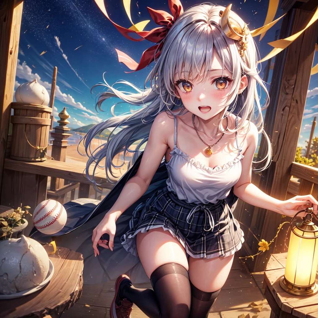 Red Blue Gold Hair、Golden Eyes、Braid、One good looking girl、solo、anime、Checkered mini skirt、Ruffles on the skirt、camisole、cardigan、Black knee-high socks、Wearing a baseball cap、Wearing a ribbon、Ribbon on waist、Tilting face、Teeth are visible、Sunset sky、Piercing the clouds、Contrail、Cumulonimbus、Pillar of Light、Silver coin necklace、A world of light、shine、From above、bell、torii、Desert Oasis、water is gushing out、Wearing a name tag、Sparks are flying、Bowing
