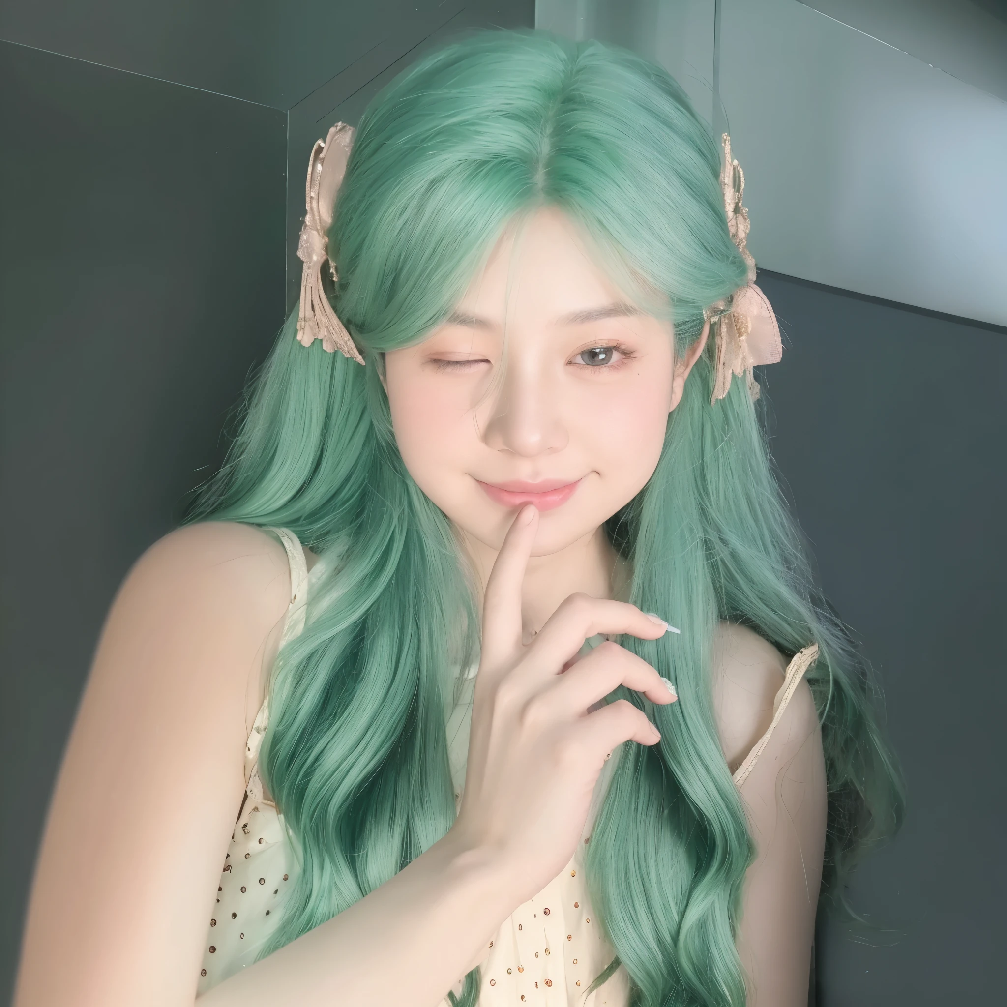 Long curly green hair,Natural and beautiful hair,Strap skirt,The background is simple and clean