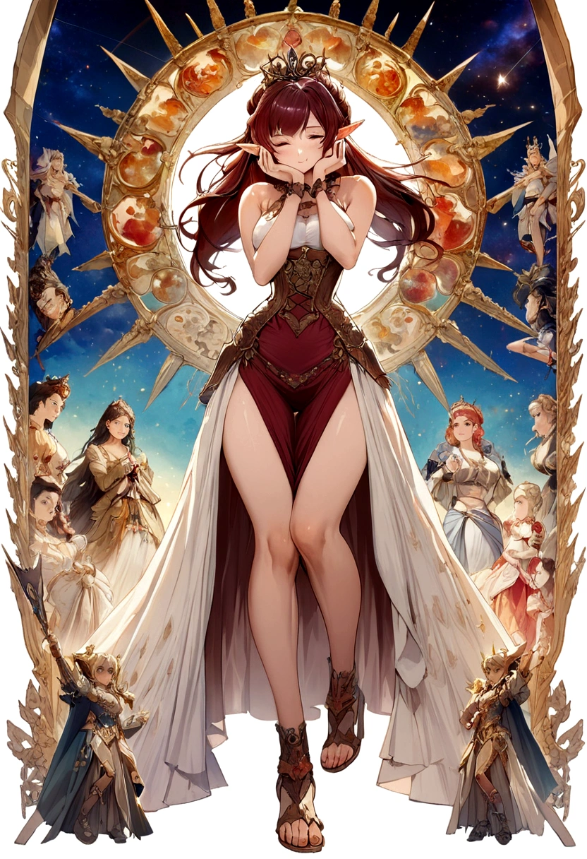 1girl, ((masterpiece,best quality)), Cute, solo, Star Dress, ((a unique renaissance era dress with Victorian styling, no sleeves, armor)), ((Full body)), (tight waist, medium breasts, thighs)), Sexy, excited, Hentai art, big breasts, epic art, fantasy, 8k, hd wallpaper, high quality, intricate, elegant, highly detailed, clear focus, illustration, poster, postcard, ((right anatomy)), Dark red hair, Celestial being, elf, royalty, ruler, queen, galaxy, character, standing, both feet on ground, arms extended by side, Palms face forward, warrior