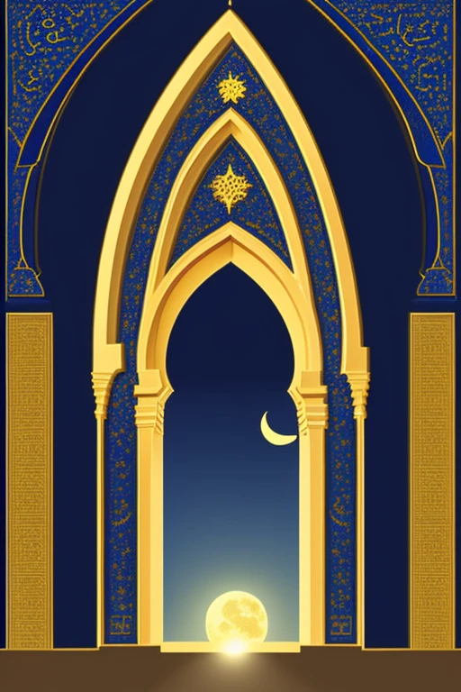 charming arch in the Arabic style, with detailed arabesques in gold and light and dark blue tones, with the symbol of the moon, sun and star in gold at the top of the arch --ar 9:16 --stylize 250