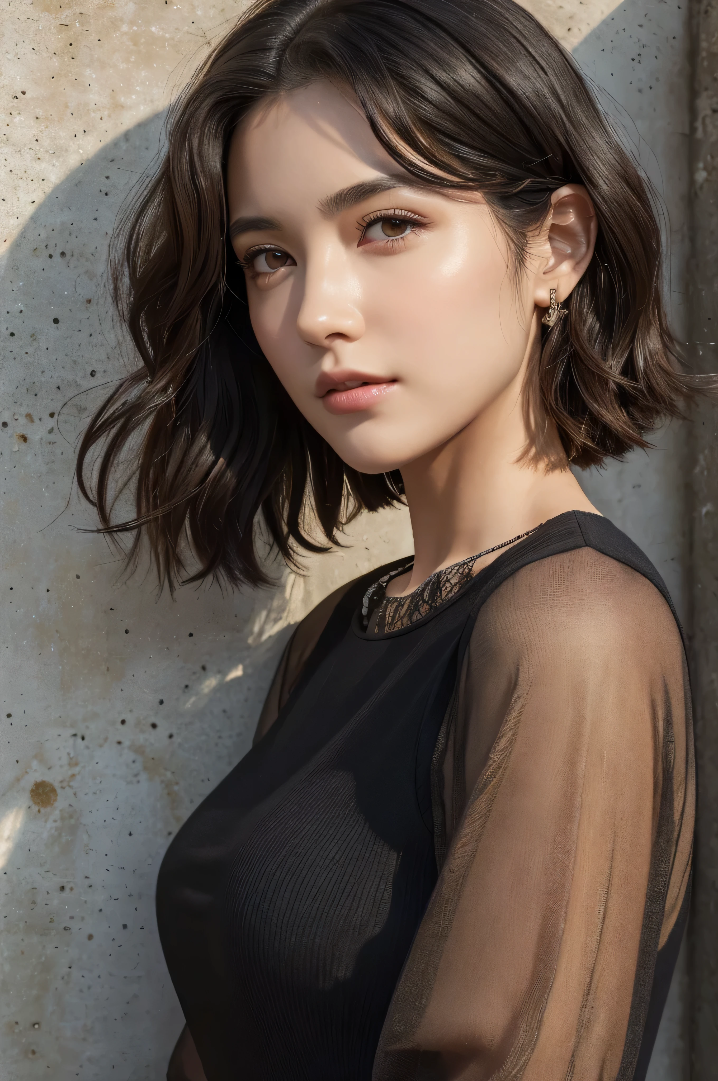 (masterpiece:1.3), (8k, Realistic, RAW Photos, highest quality: 1.4), (One Girl), Beautiful Face, (Realistic Face), (Black Hair, Short hair with loose waves:1.3), Beautiful Hairstyles, Realistic eyes, Beautiful details, (Realistic Skin,Landscape,Look away,Looking Up,Brush your hair up), Beautiful Skin, (Nice dress,Big size,Black Dress,Long sleeve), Absurd, charm, Ultra-high resolution, Ultra-realistic, Very detailed, Golden Ratio,Concrete wall,