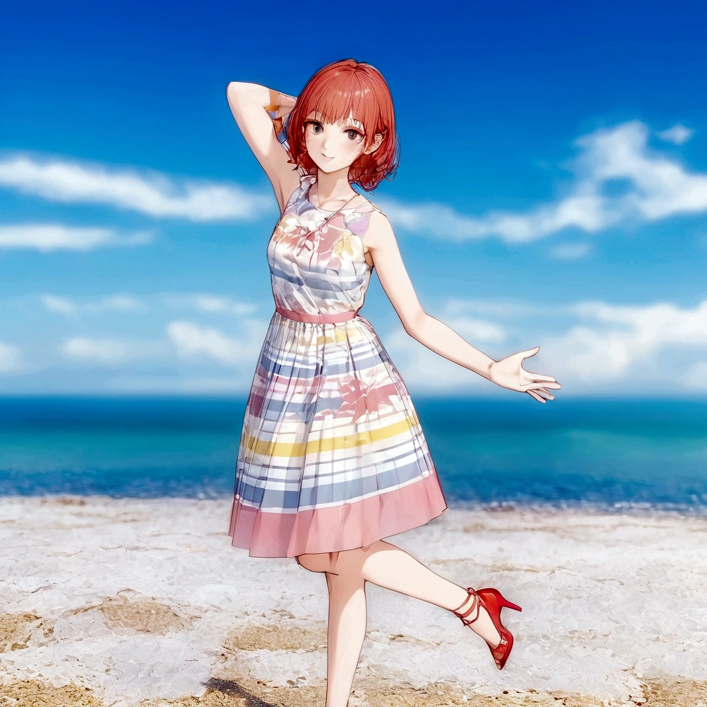 There is a woman in a dress standing on the beach, sayori, whole body:: sunny::, Standing near the beach, Cute 3D anime girl render, Fashion pose, Dancing on the beach, She is dancing. Realistic, Asuka as a surfer model, change, !!whole body portrait!!, Girl on the beach, Stylish pose