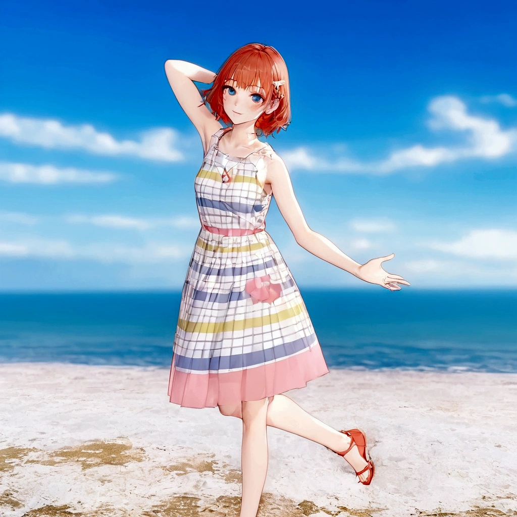 There is a woman in a dress standing on the beach, sayori, whole body:: sunny::, Standing near the beach, Cute 3D anime girl render, Fashion pose, Dancing on the beach, She is dancing. Realistic, Asuka as a surfer model, change, !!whole body portrait!!, Girl on the beach, Stylish pose