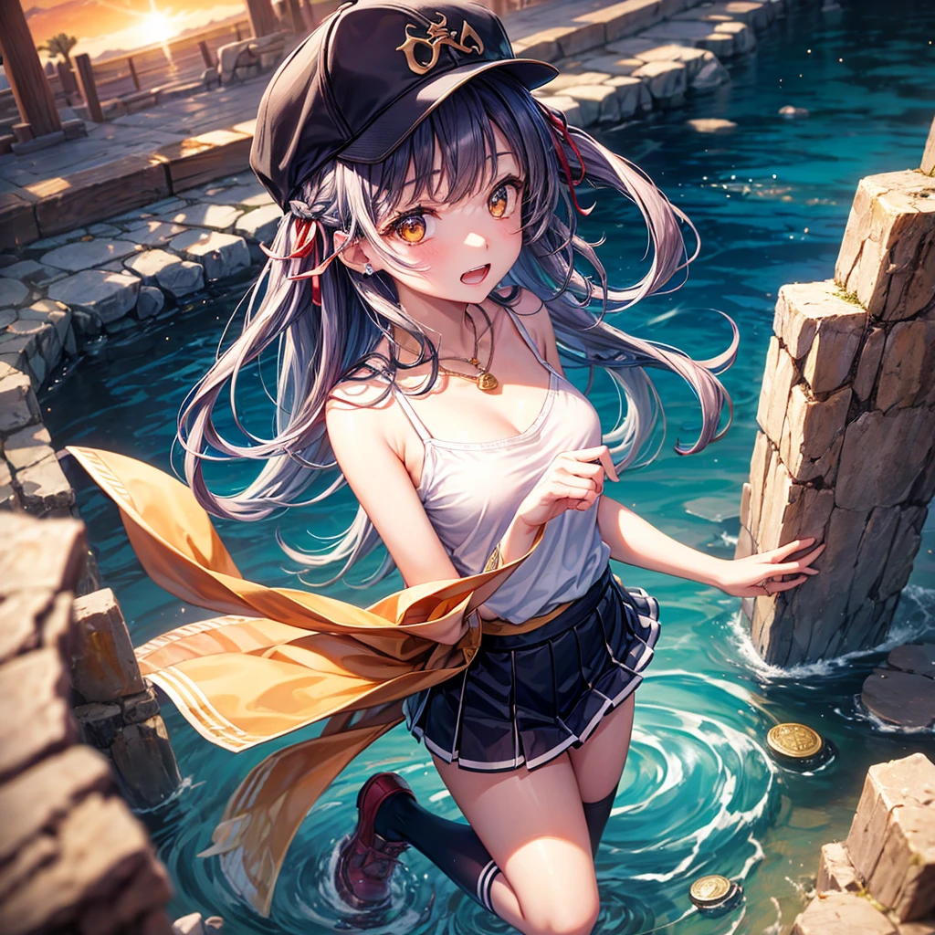 Red Blue Gold Hair、Golden Eyes、Braid、One good looking girl、solo、anime、Checkered mini skirt、Ruffles on the skirt、camisole、cardigan、Black knee-high socks、Wearing a baseball cap、Wearing a ribbon、Ribbon on waist、Tilting face、Teeth are visible、Sunset sky、Piercing the clouds、Contrail、Cumulonimbus、Pillar of Light、Silver coin necklace、A world of light、shine、From above、bell、torii、Desert Oasis、water is gushing out、Sparks are flying、Bowing