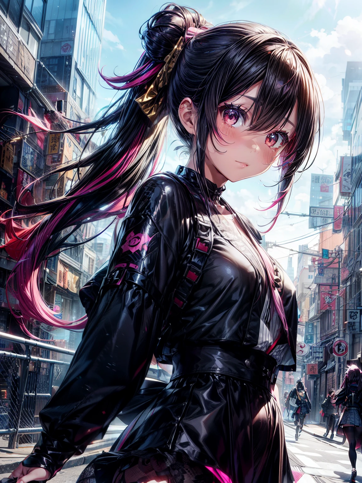 Shinsengumi Haori,1girl, solo,hole body ,long hair, (Shinsengumi), twin tails, spicy , hot, sexy,hair buns, two tone hair, multicolored hair, pink hair, two colored hair, streaked hair, gold hair, gold eyes, bangs, makeup, black lipstick, mascara, eyeshadow, cross necklace, hair bow, lace gloves, fishnets, black leggings, dynamic angle, cyberpunk, city view, side lighting, shiny skin, detailed eyes, detailed face, water flowing, wind swept hair, glitter ,