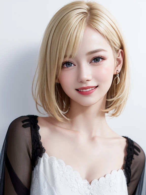 Highly detailed CG Unity 8k wallpaper, top quality, super detailed, masterpiece, realistic, photo realistic, very detailed cute girl, 25 years old,  ((blonde hair:1.4)), ((dyed blonde)), (gyaru), round eyes, viewer,  blush, parted lips, half body shot ,
sleeveless sweater, cafe, short hair