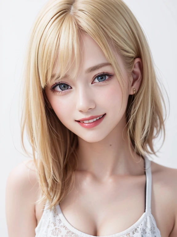 (Highest quality、8K、32k、masterpiece)、(RAW Photos)、(Realisticな)、(High resolution)、Very detailedな、Very beautiful face and eyes、One Girl、Round and small face、Delicate body、(close、Highest quality、Rich skin detail、Highest quality、8K)、Very detailed、(Realistic、Realistic:1.37)、Vibrant colors、(((Laughter)))、(((Blonde)))、(((smile)))、(((White Background)))、((Medium Hair))、(((White wall background)))、(((blonde)))、(((All nude:1.3)))、(((White wall background)))、