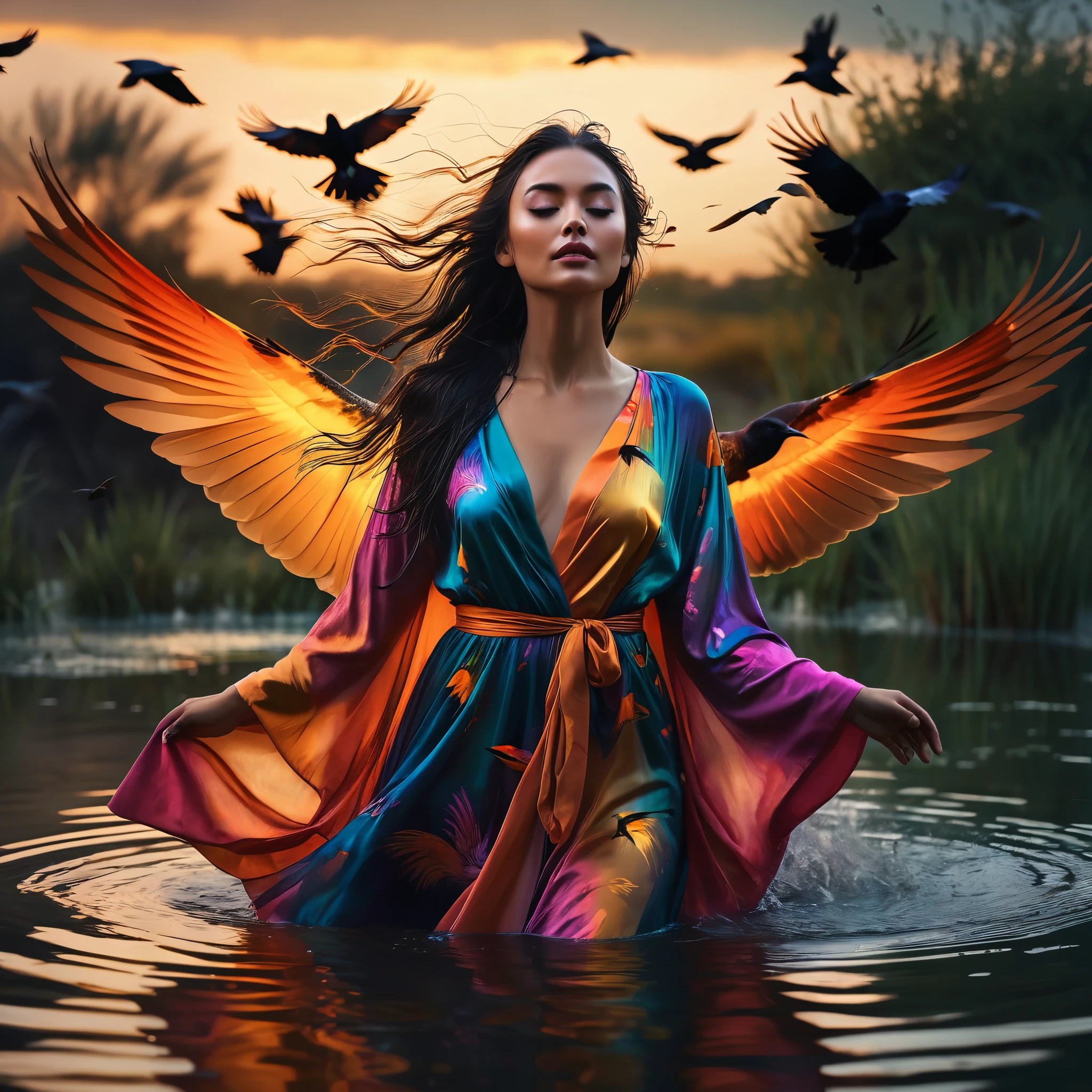 A beautiful woman in a colorful robe, bathing in a serene pond with crows surrounding her, mystical gribwind swirling in the background, (best quality, 4k, 8k, highres, masterpiece:1.2), ultra-detailed, (realistic, photorealistic, photo-realistic:1.37), vibrant colors, dramatic lighting, fantasy art, intricate details, atmospheric, mystical, moody, dark fantasy, dramatic pose, detailed facial features, long flowing hair, graceful movements, swirling wind effects, birds in flight, reflection in water, warm color palette, glowing skin, dramatic chiaroscuro, conceptual, surreal