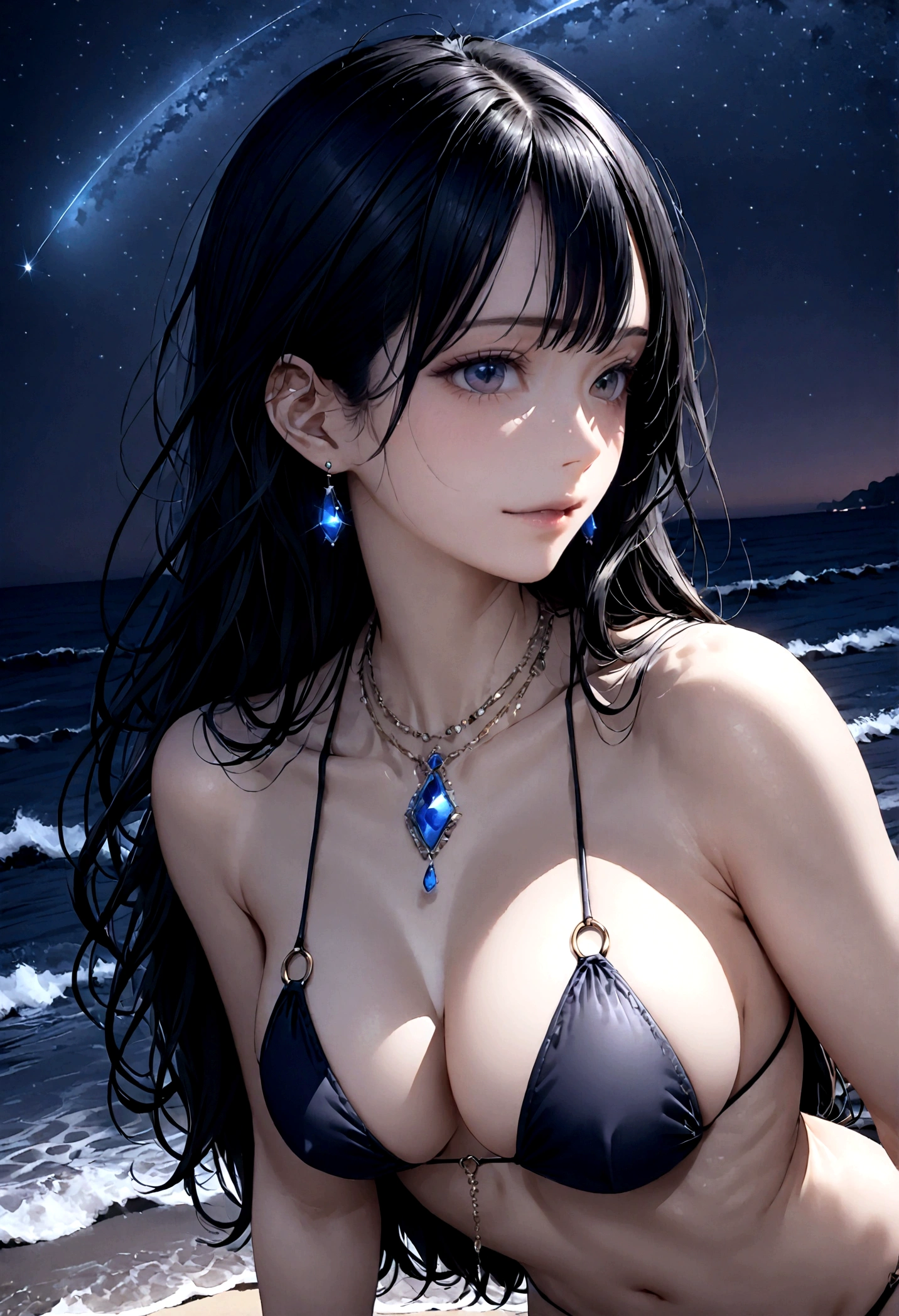 8k, masterpiece, RAW Photos, highest quality, Realistic, Very detailed, Depth of written boundary, Cinematic Light, Anatomically correct body,
An elegant beautiful mature woman, Very beautiful face, Exquisitely detailed face, (A calm and gentle face:1.4), Very delicate skin texture, Transparent muscle, Shiny white skin, Glamorous Body,
(Wavy black long hair:1.2), Sexy Breasts, Sexy ass,
(Brazilian Bikini:1.4), (Detailed cloth texture:1.2), (Body chain accessory with detailed jewel studded embellishments:1.3), (Gorgeous necklace:1.1), (Gorgeous earrings:1.1),
(Dark starry background:1.4), (Milky Way:1.1), (milky way:1.1), (shooting star:1.1), (Dark coastline at night:1.4), (Pitch black sea surface:1.4),
(sitting on the beach:1.2),
(High angle shot:1.8),