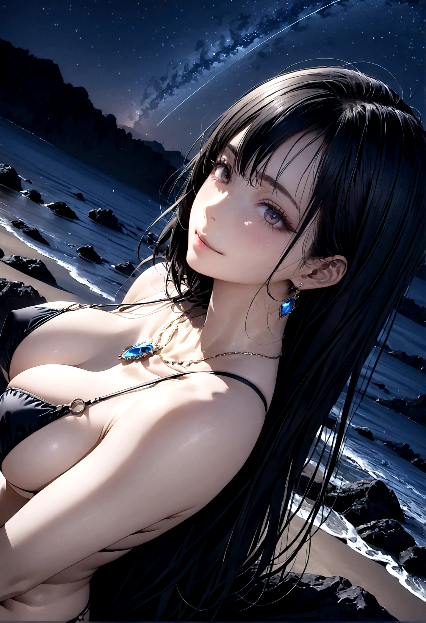8k, masterpiece, RAW Photos, highest quality, Realistic, Very detailed, Depth of written boundary, Cinematic Light, Anatomically correct body,
An elegant beautiful mature woman, Very beautiful face, Exquisitely detailed face, (A calm and gentle face:1.4), Very delicate skin texture, Transparent muscle, Shiny white skin, Glamorous Body,
(Wavy black long hair:1.2), Sexy Breasts, Sexy ass,
(Brazilian Bikini:1.4), (Detailed cloth texture:1.2), (Body chain accessory with detailed jewel studded embellishments:1.3), (Gorgeous necklace:1.1), (Gorgeous earrings:1.1),
(Dark starry background:1.4), (Milky Way:1.1), (milky way:1.1), (shooting star:1.1), (Dark coastline at night:1.4), (Pitch black sea surface:1.4),
(sitting on the beach:1.2),
(High angle shot:1.8),