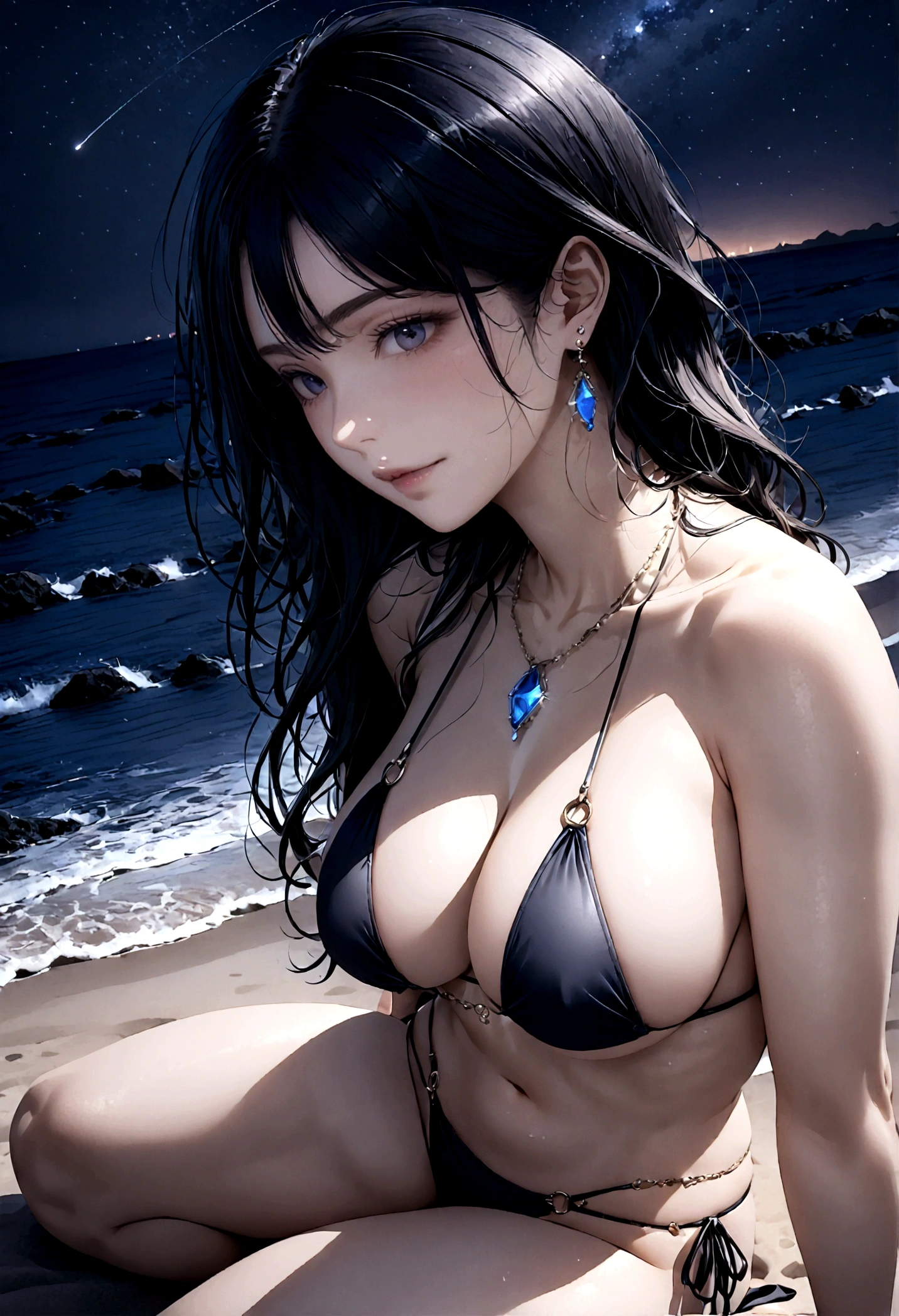 8k, masterpiece, RAW Photos, highest quality, Realistic, Very detailed, Depth of written boundary, Cinematic Light, Anatomically correct body,
An elegant beautiful mature woman, Very beautiful face, Exquisitely detailed face, (A calm and gentle face:1.4), Very delicate skin texture, Transparent muscle, Shiny white skin, Glamorous Body,
(Wavy black long hair:1.2), Sexy Breasts, Sexy ass,
(Brazilian Bikini:1.4), (Detailed cloth texture:1.2), (Body chain accessory with detailed jewel studded embellishments:1.3), (Gorgeous necklace:1.1), (Gorgeous earrings:1.1),
(Dark starry background:1.4), (Milky Way:1.1), (milky way:1.1), (shooting star:1.1), (Dark coastline at night:1.4), (Pitch black sea surface:1.4),
(sitting on the beach:1.2),
(High angle shot:1.8),