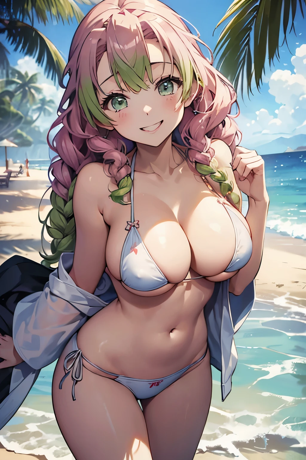 (8K、masterpiece、Highly detailed background、high resolution)、(mitsuri kanroji)、Cleavage、(beach、White Bikini、Gravure pose、Embarrassed smile、Nipple protrusion)