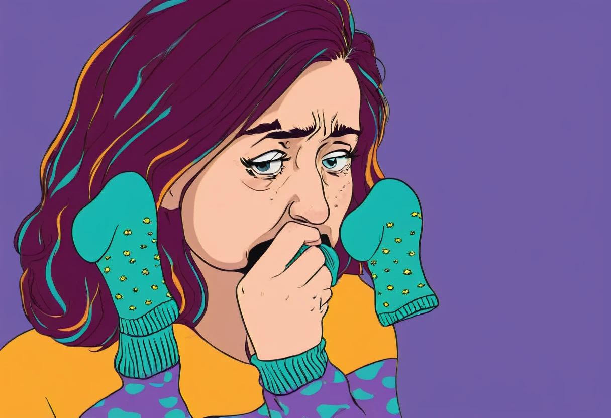 A woman smells her own socks, turns her face away, and stares at them with a look of disgust