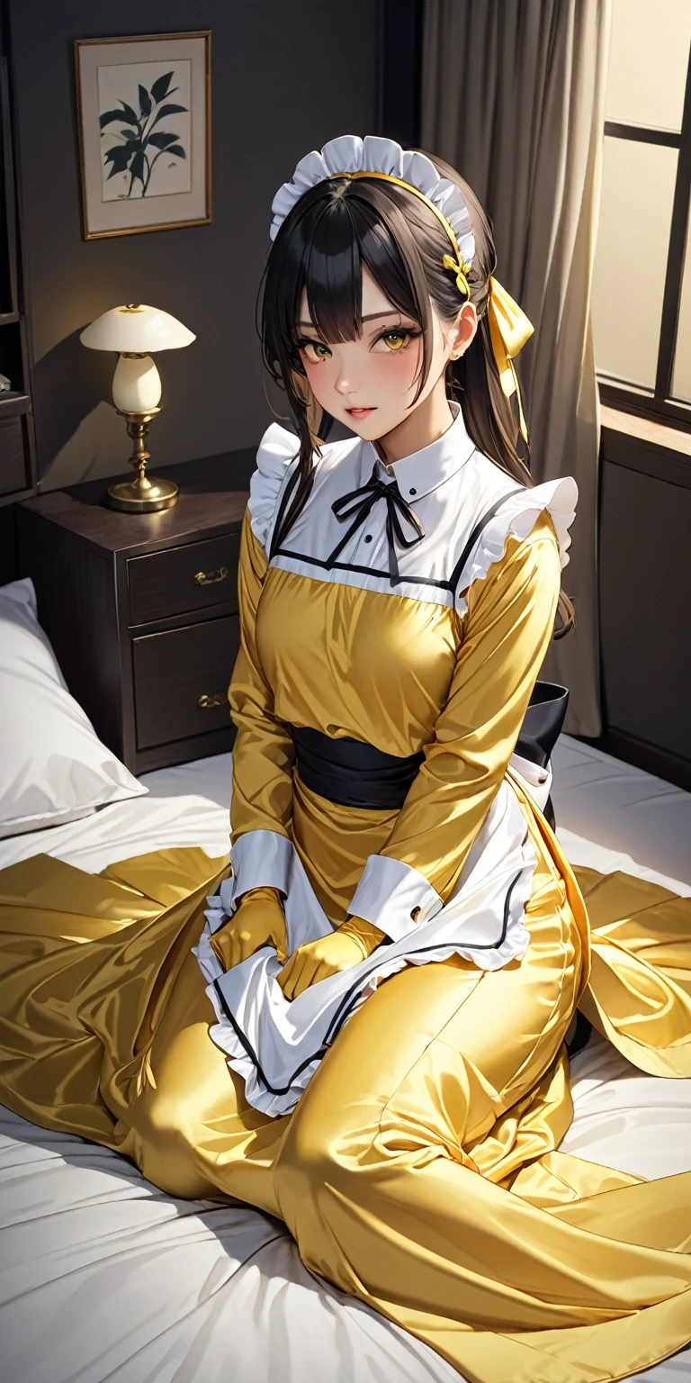 (masterpiece,highest quality,超A high resolution),Japanese women, (((Very beautiful 25 year old girl))),(Yellow satin maid outfit)、Yellow satin long skirt、(Yellow satin long sleeve shirt)、Yellow satin long gloves、The clothes fit snugly to the body、Satin has a very high shine.、Dark Room