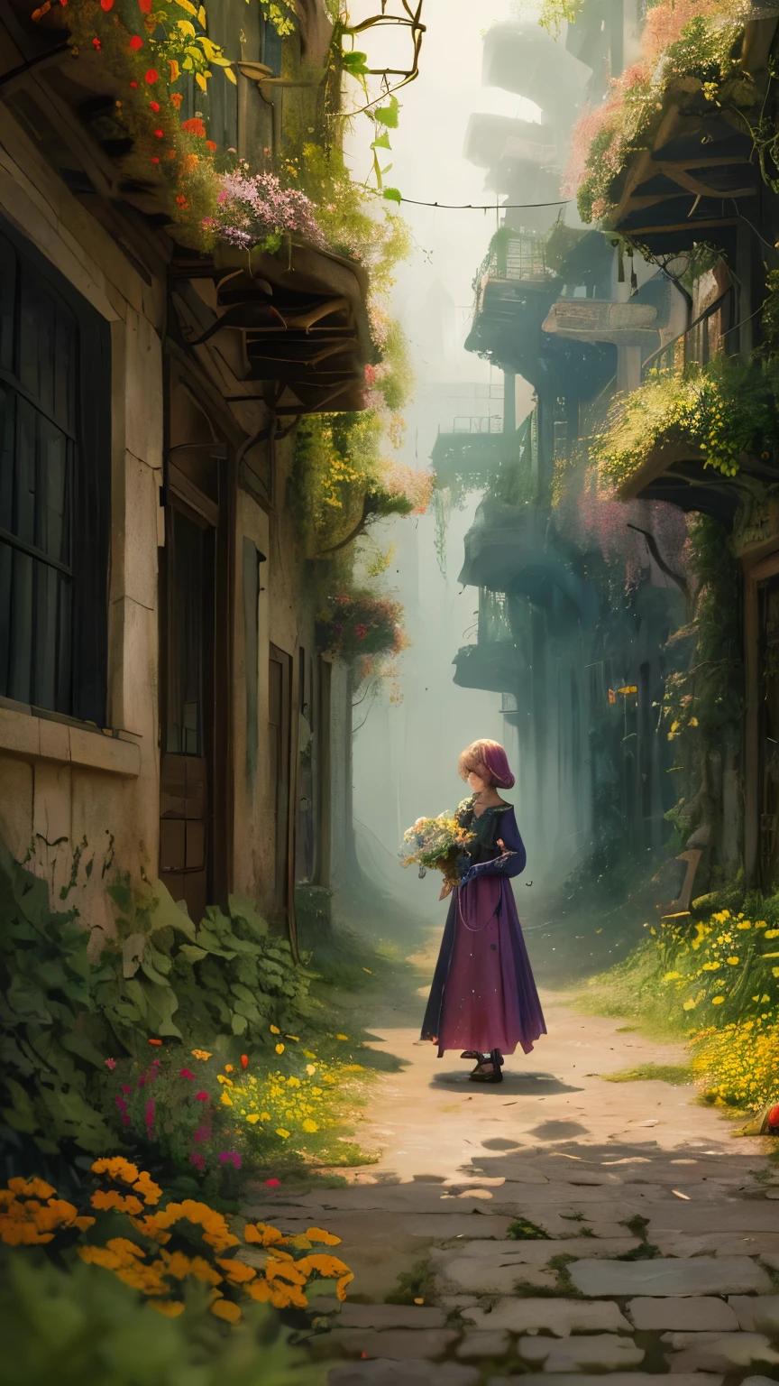 (a tiny) humanoid creature, (holding firmly) a bunch of flowers, watercolor, dark gritty, street, fantasy, (best quality, 4k, highres, masterpiece:1.2), ultra-detailed, (realistic:1.37), vivid colors, (moody lighting), (magical atmosphere), (cobblestone road), (mysterious shadows), (fantastical architecture), (enchanted surroundings), (whimsical elements), (misty aura), (intricate details), (emotionally expressive face), (unique character design), (lush foliage), (overgrown vines), (ethereal glow), (fallen petals), (contrast between light and dark), (captivating atmosphere), (heartwarming scene), (playful energy), (curiosity and wonder), (texture of the flowers), (impressionistic brushstrokes), (dreamlike charm), (sense of mystery), (gritty urban setting), (imaginative world), (dramatic composition), (expressive lines), (exquisite colors)
