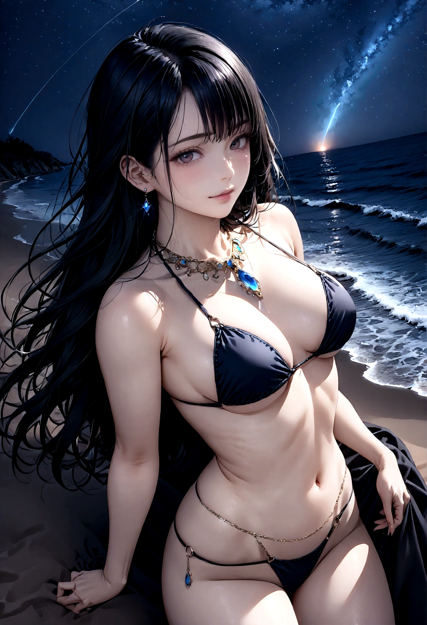 8k, masterpiece, RAW Photos, highest quality, Realistic, Very detailed, Depth of written boundary, Cinematic Light, Anatomically correct body, 
An elegant beautiful mature woman, Very beautiful face, Exquisitely detailed face, (A calm and gentle face:1.4), Very delicate skin texture, Transparent muscle, Shiny white skin, Glamorous Body, 
(Wavy black long hair:1.2), Sexy Breasts, Sexy ass, 
(Brazilian Bikini:1.4), (Detailed cloth texture:1.2), (Body chain accessory with detailed jewel studded embellishments:1.3), (Gorgeous necklace:1.1), (Gorgeous earrings:1.1), 
(Dark starry background:1.4), (Milky Way:1.1), (milky way:1.1), (shooting star:1.1), (Dark coastline at night:1.4), (Pitch black sea surface:1.4), 
(Lying on the sandy beach:1.2), 
(High angle shot:1.8), 