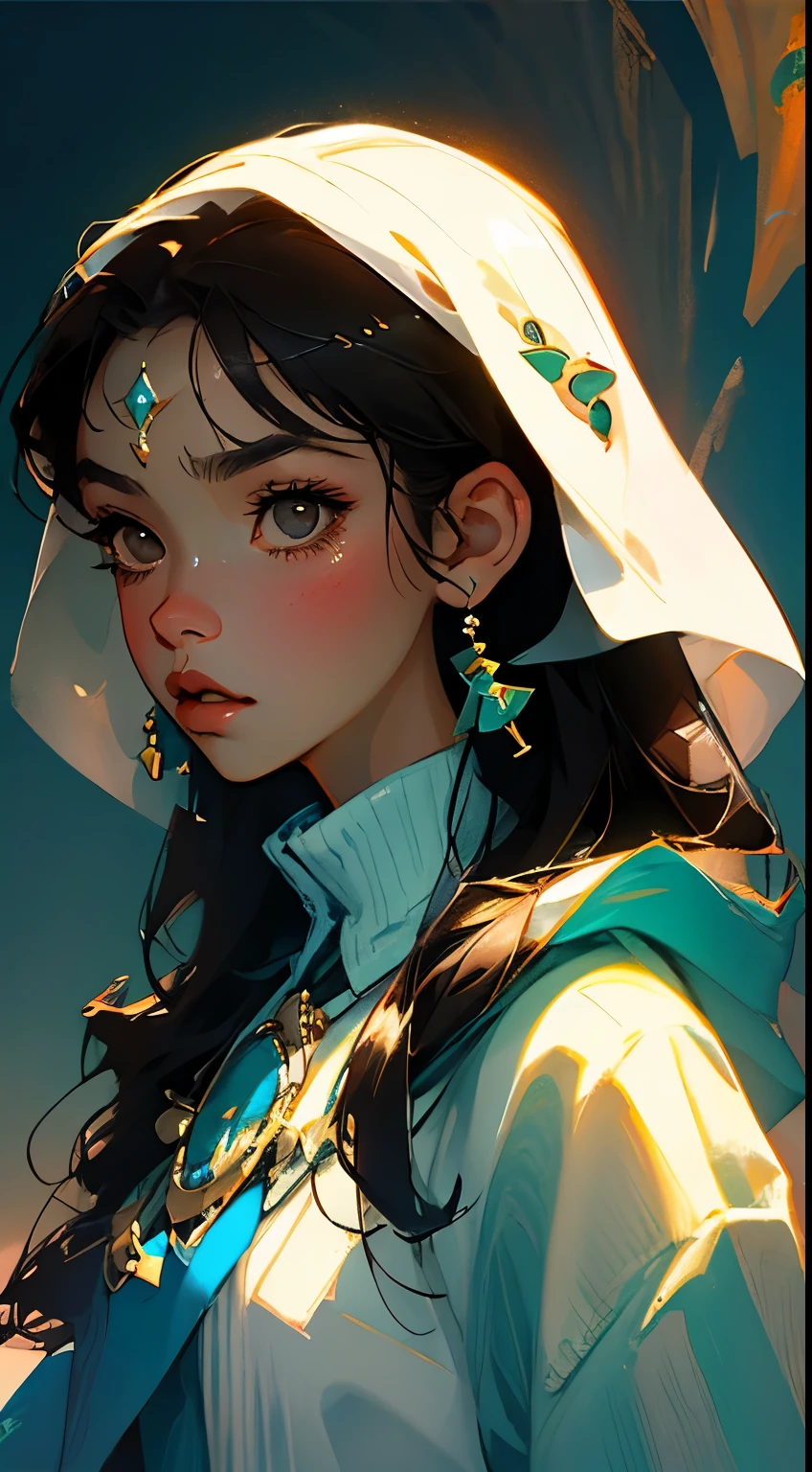 Close-up of avatar, Black hair, minimalist accessories, High cooling temperament, modern, Warm shimmer background, flat style, Maximalism, flat illustration(Important vocabulary)(Important vocabulary),Ichiro Tsuruta style, Cinematic texture