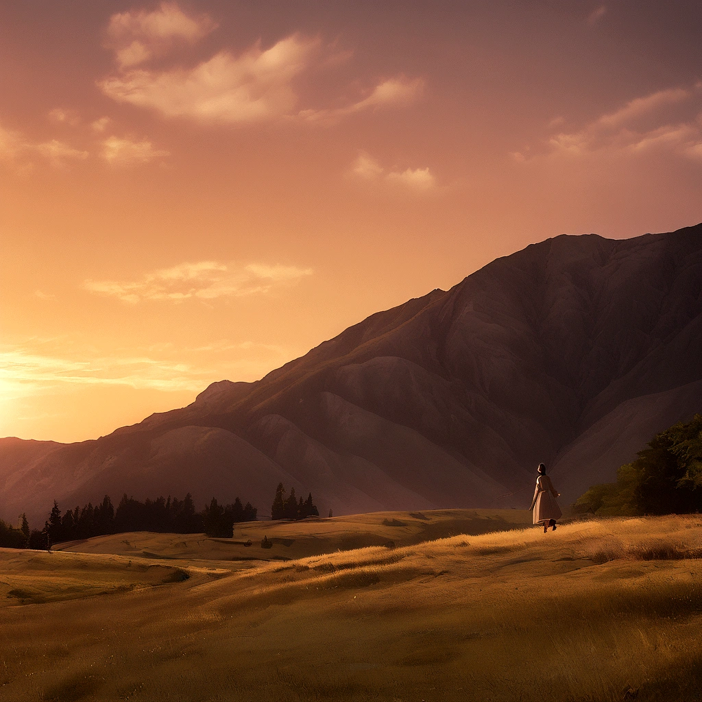 Retro Vintage Photography, Girl walking through the mountains, sunset,