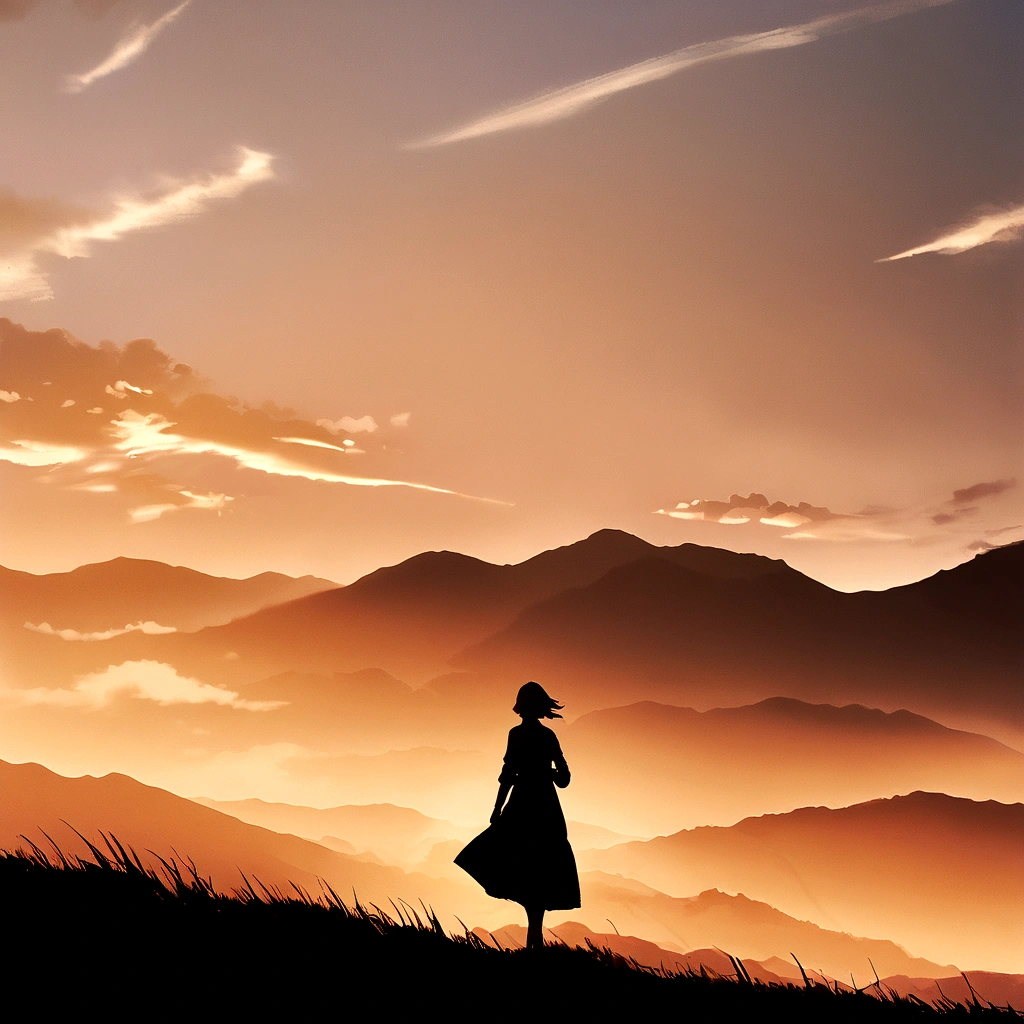 Retro Vintage Photography, Girl walking through the mountains, sunset,