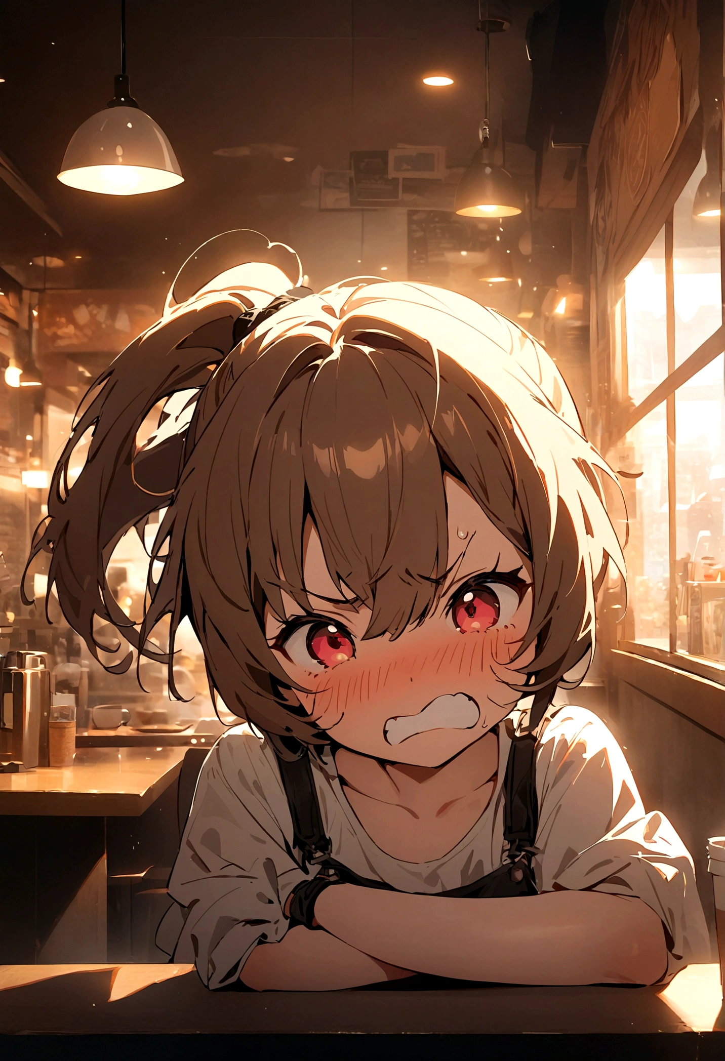 girl, Pull up your ponytail, Disgusted look, angry, High-quality images, masterpiece, Coffee Shop,