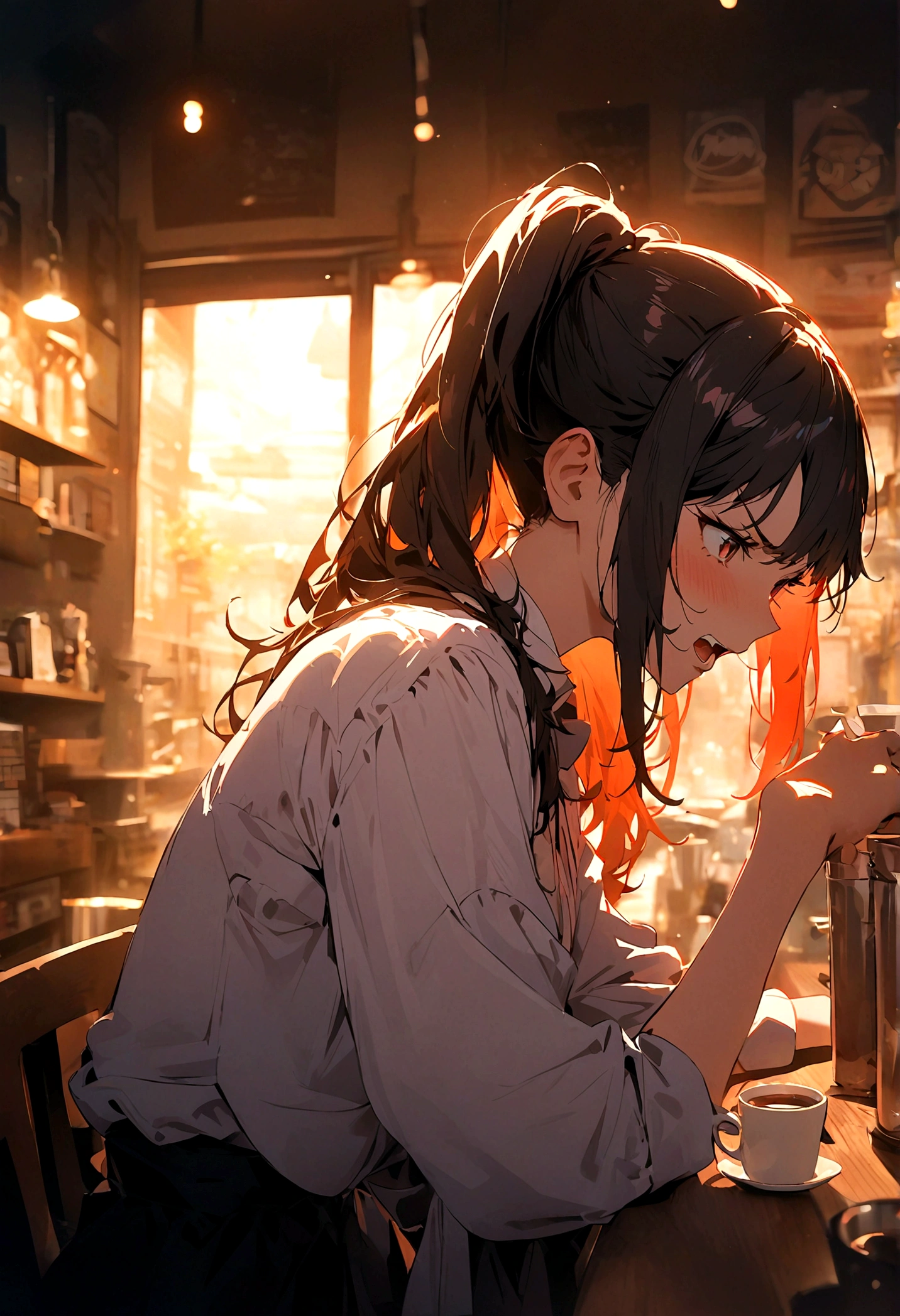 girl, Pull up your ponytail, Disgusted look, angry, High-quality images, masterpiece, Coffee Shop,