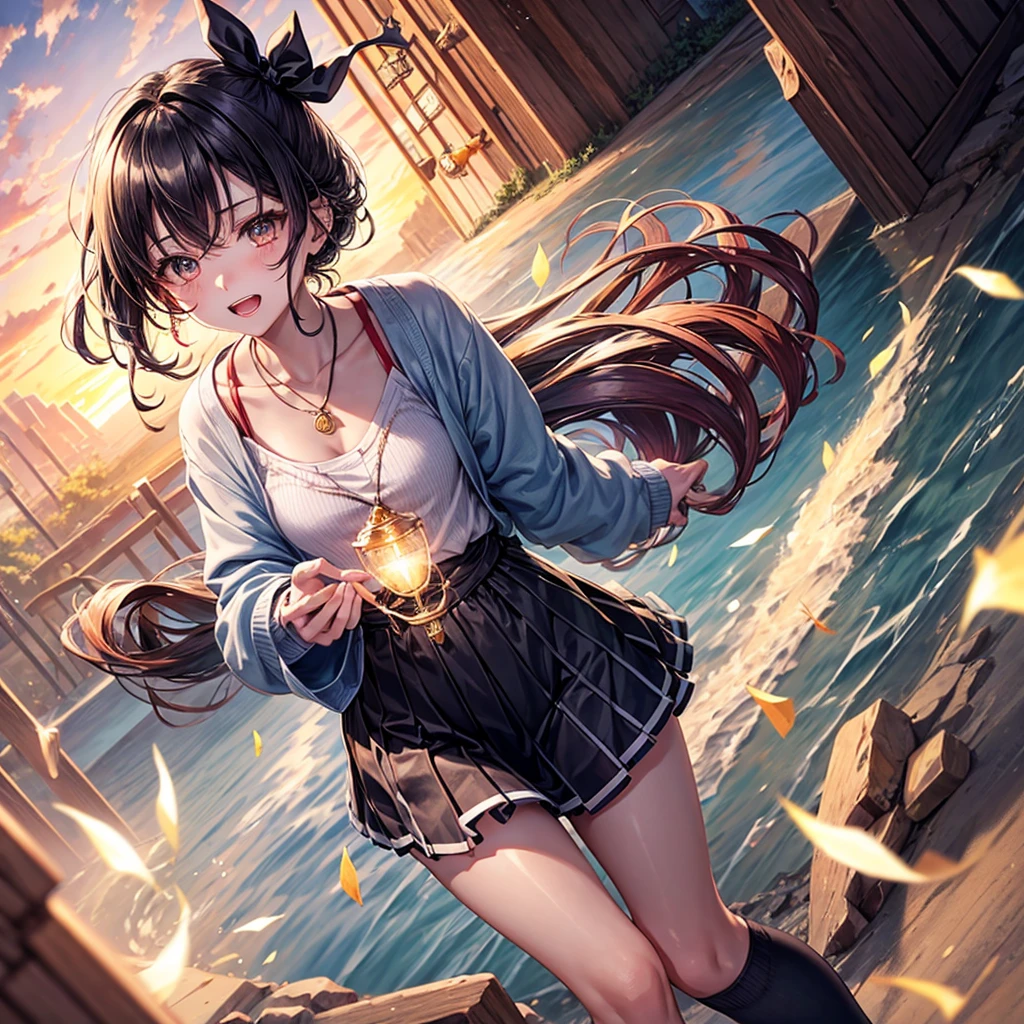 Red Blue Gold Hair、Golden Eyes、Braid、One good looking girl、solo、anime、Checkered mini skirt、Ruffles on the skirt、camisole、cardigan、Black knee-high socks、Wearing a baseball cap、Wearing a ribbon、Ribbon on waist、Tilting face、Teeth are visible、Sunset sky、Piercing the clouds、Contrail、Cumulonimbus、Pillar of Light、Silver coin necklace、A world of light、shine、From above、bell、torii、Desert Oasis、water is gushing out、Sparks are flying、hourglass