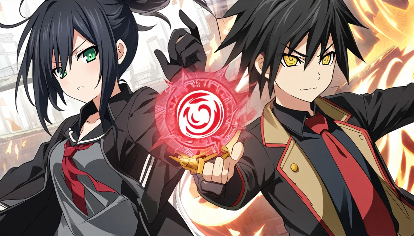 1Male(Black hair,yellow eye,black suit,red tie,rich,black glove,gold knife,assassin,Naruto shippuden style), 1female(girl,cute,Black hair,Green eye,school outfit,mage,magic spell effect,magic wand,Date A live style) dual team,team up,unite together,Arena Background but aftermoon,Anime style,HD