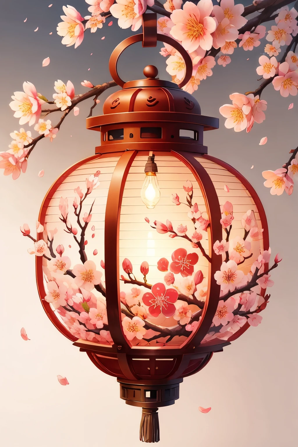 lantern,bare tree,branch,cherry blossoms,daisy,egasumi,floral background,floral print,flower,flower \(symbol\),hanami,lily \(flower\),mount fuji,no humans,petals,pink flower,plum blossoms,snowflake background,snowflakes,spring \(season\),tree,vase,white flower