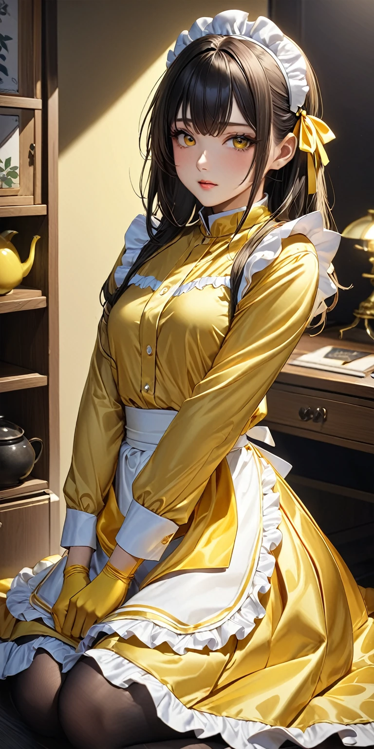 (masterpiece,highest quality,超A high resolution),Japanese women, (((Very beautiful 25 year old girl))),(Yellow satin maid outfit)、Yellow satin long skirt、(Yellow satin long sleeve shirt)、Yellow satin long gloves、The clothes fit snugly to the body、Satin has a very high shine.、Dark Room