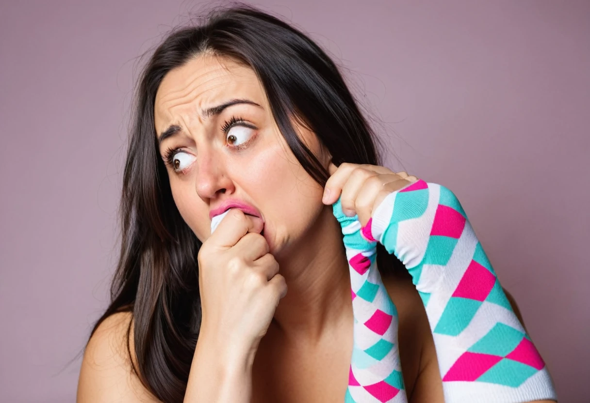 A woman smells her own socks, turns her face away, and stares at them with a look of disgust
