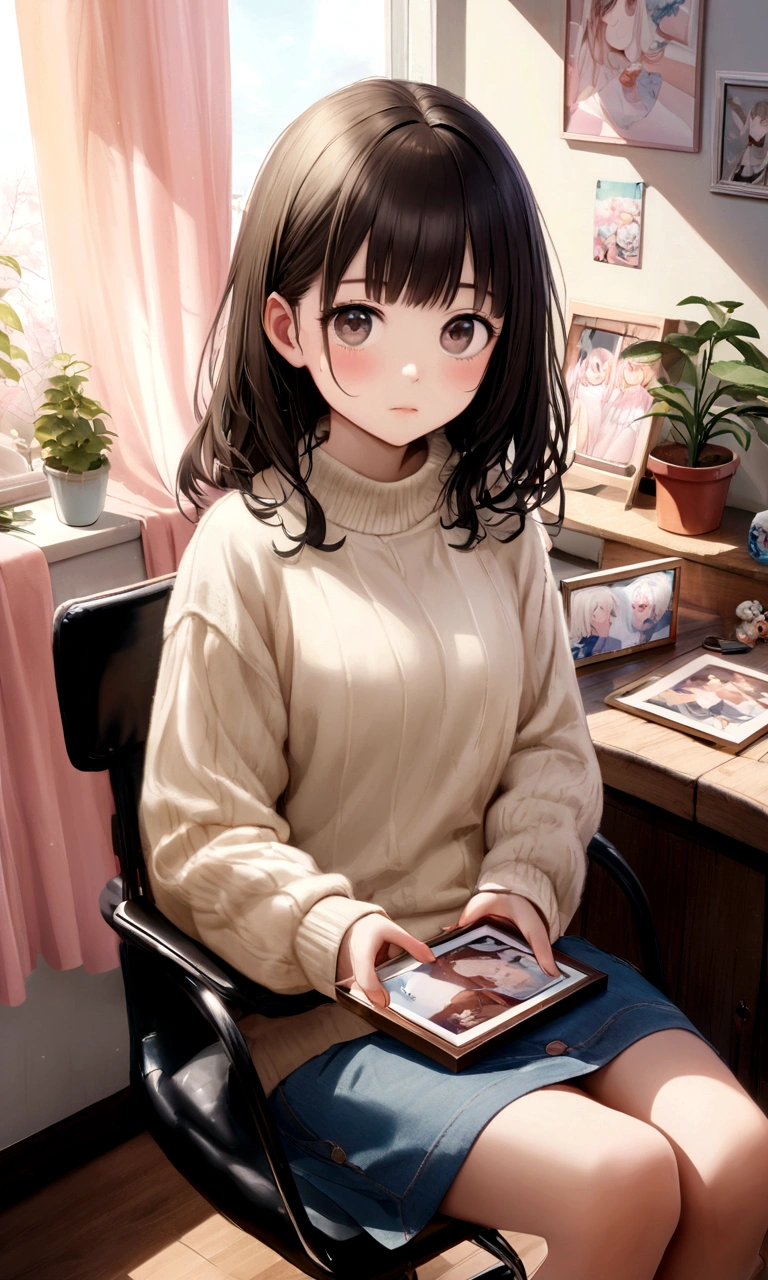 "Create an image of Himawari Nohara as a high school girl. Himawari is a 16-year-old girl with shoulder-length straight hair and brown eyes. She is wearing simple casual clothes (a light-colored sweater and a skirt). Himawari is sitting in a girly room. The room has pastel-colored wallpaper, cute posters, and bright-colored curtains, with small potted plants around. She is sitting on a chair facing a desk, holding a photo frame, and looking straight at the viewer. Her expression should be one of suppressed sadness. The image should be ultra-high resolution and look like a superbly realistic CG."