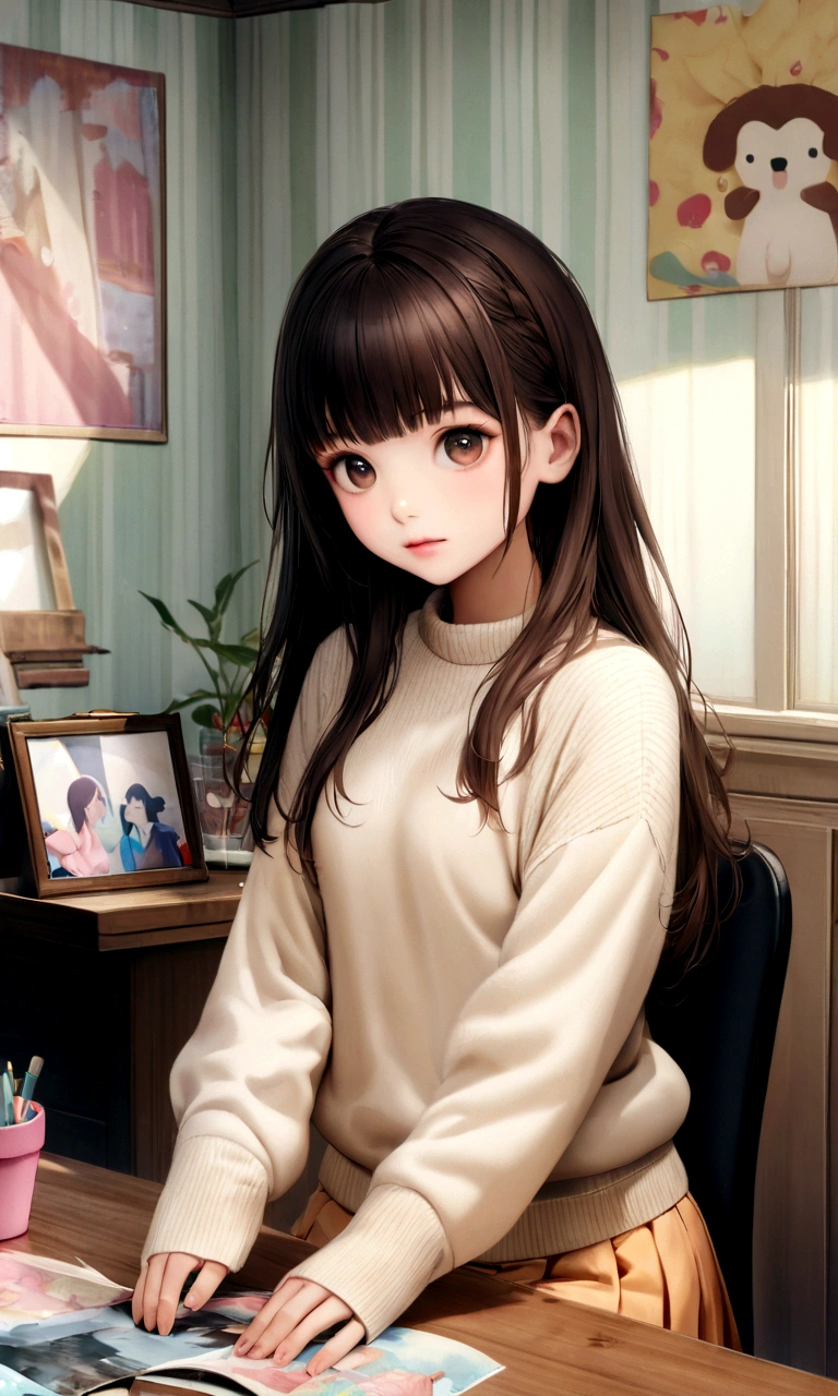 "Create an image of Himawari Nohara as a high school girl. Himawari is a -yeld giwith shoulder-length straight hair and brown eyes. She is wearing simple casual clothes (a light-colored sweater and a skirt). Himawari is sitting in a girly room. The room has pastel-colored wallpaper, cute posters, and bright-colored curtains, with small potted plants around. She is sitting on a chair facing a desk, holding a photo frame, and looking straight at the viewer. Her expression should be one of suppressed sadness. The image should be ultra-high resolution and look like a superbly realistic CG."