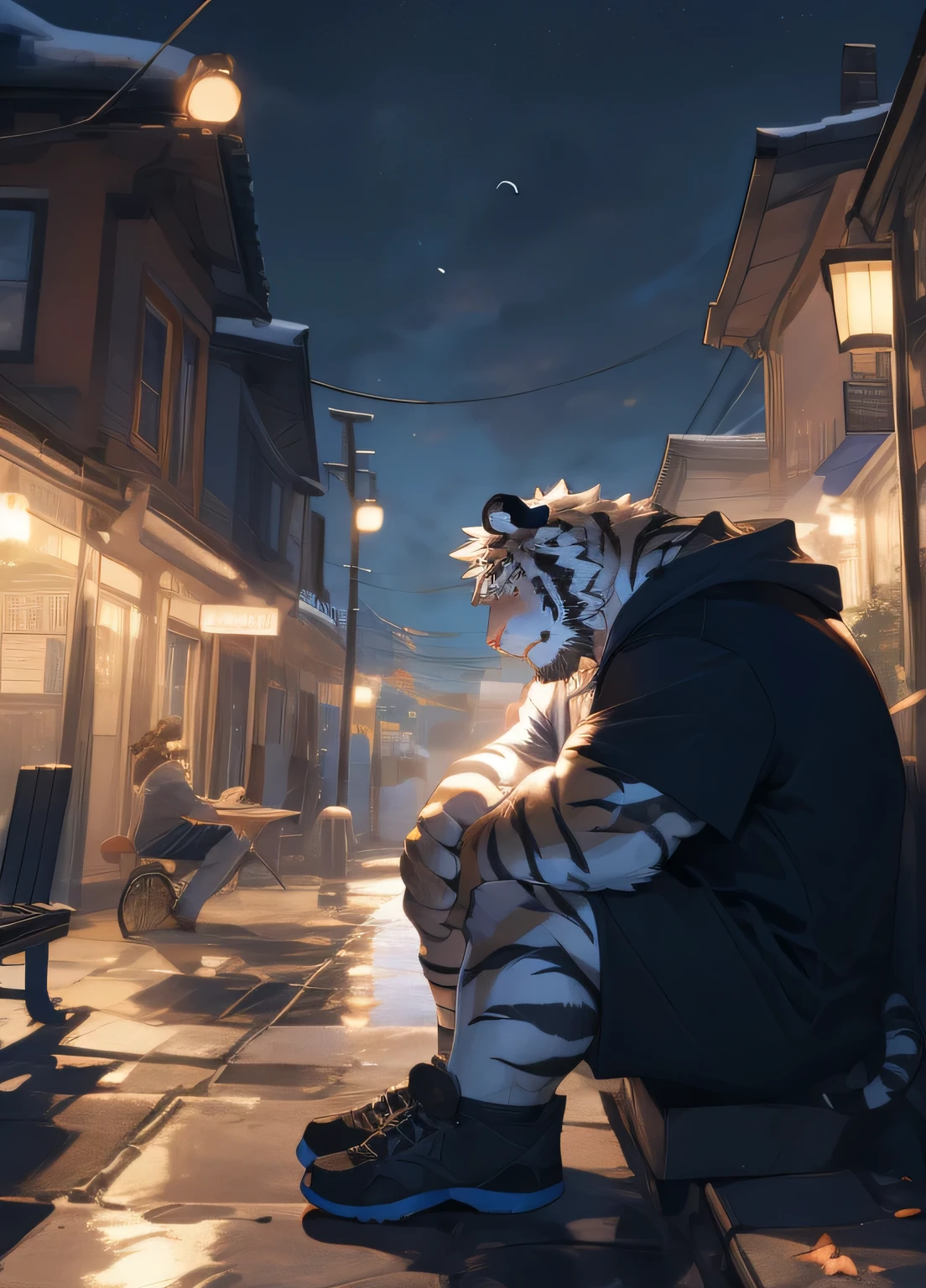 (masterpiece),(Very detailed),(best quality),He is a white tiger orc,His body is strong and muscular,His golden eyes are beautiful and charming,The white fur on the body is pure and flawless,Unique blue tiger stripes in white fur,He sat on a bench on the street in a depressed mood,Nightfall,Some raindrops fell from the sky,But he just sat on a bench by the street with his knees hugged and cried silently,He was wearing baggy casual shorts and a short shirt.,The tiger's tail droops down,Shoes are sneakers