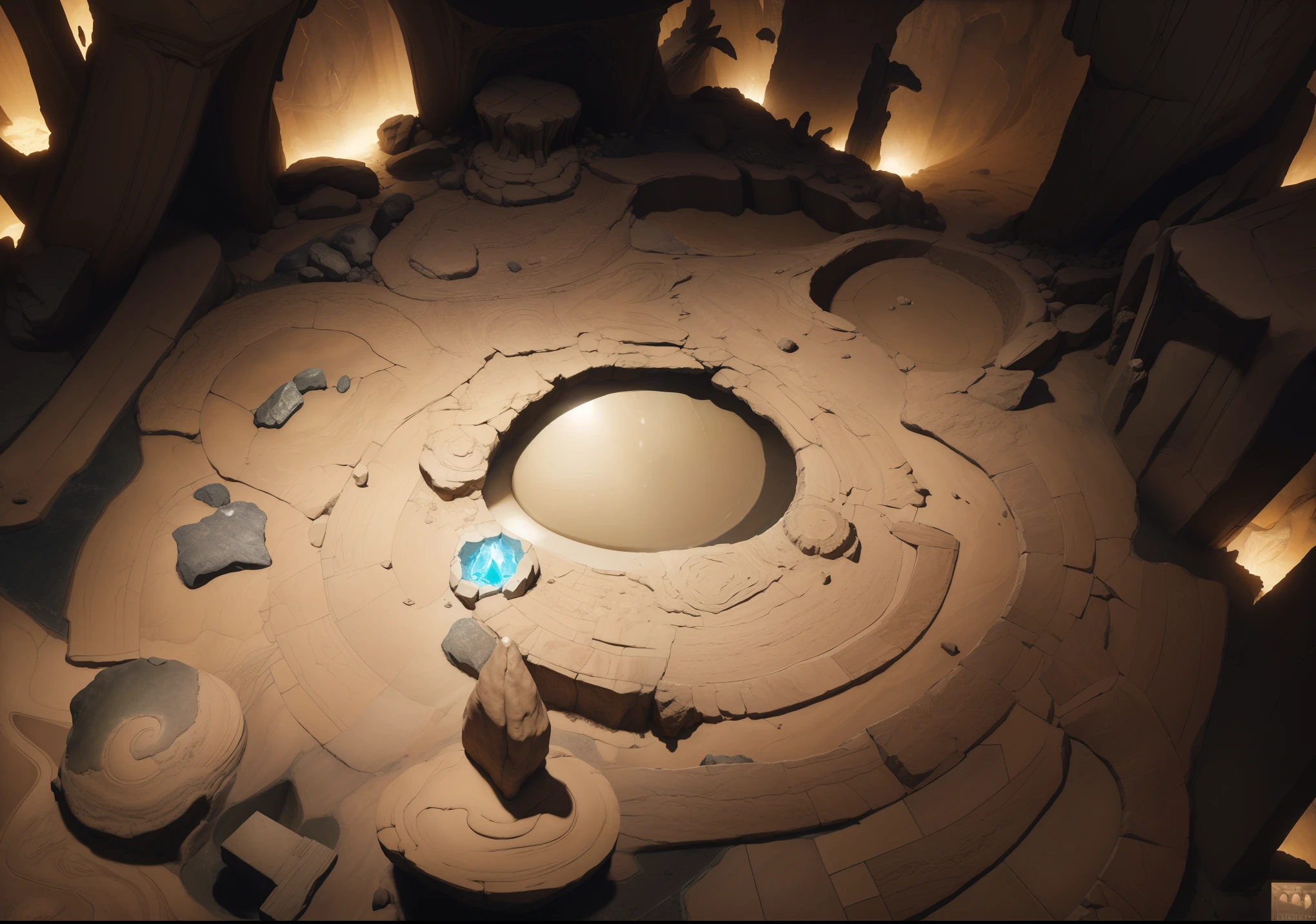 (masterpiece:1.1),(highest quality:1.1),(HDR:1),desert Rock texture，flagstone road，dim lights，speleothems，The texture is clear，Ray traching，Dune, dungeoun（The is very detailed，finely detailled，iintricate），8K resolution, birdseye straight top-down shot from a drone, (black necrotic magic in the air:1.2), dungeons and dragons, final fantasy, game art, (coherent architecture and interior, with realistic proportions and textures, intricate details, handdrawn, vibrant, cinematic lighting, masterpiece, 8k:1.2), ancient architecture, a crystal on front 