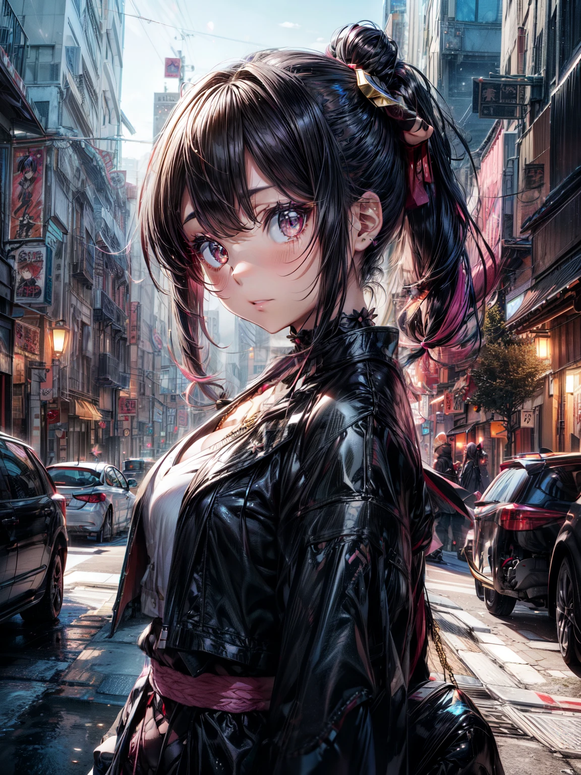 Shinsengumi Haori,1girl, hole body,solo, long hair, (Shinsengumi), twin tails, spicy , hot, sexy,hair buns, two tone hair, multicolored hair, pink hair, two colored hair, streaked hair, gold hair, gold eyes, bangs, makeup, black lipstick, mascara, eyeshadow, cross necklace, hair bow, lace gloves, fishnets, black leggings, dynamic angle, cyberpunk, city view, side lighting, shiny skin, detailed eyes, detailed face, water flowing, wind swept hair, glitter ,