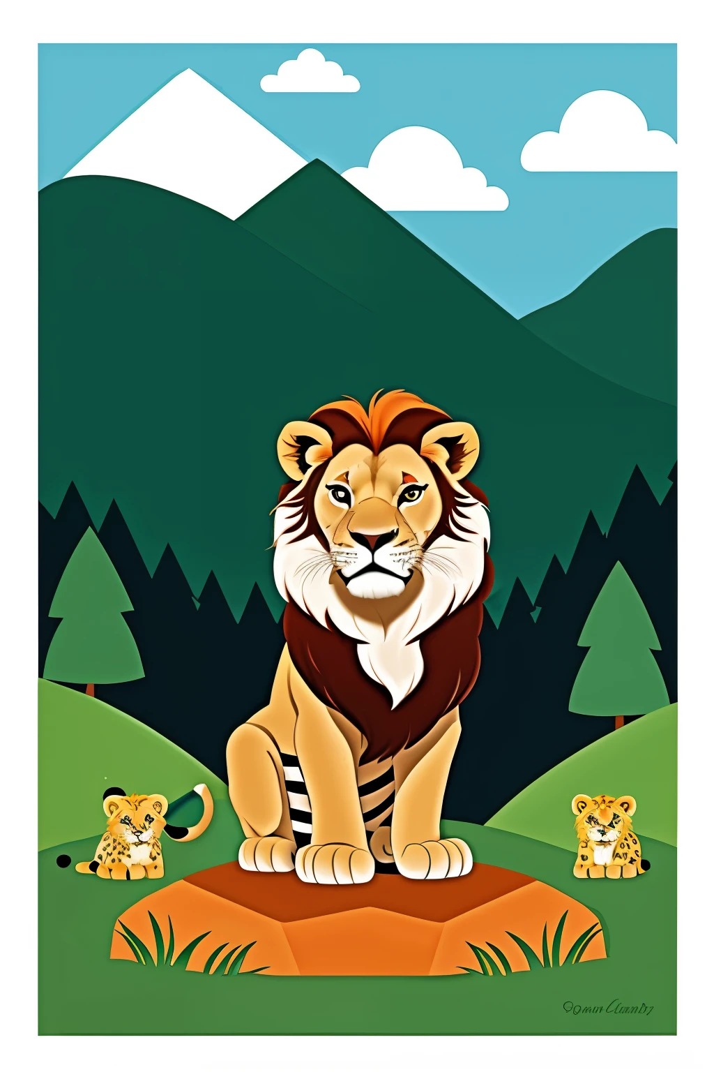 an lion king baby stand on mountain and order to all animal in forest outline ,lineart coloring book,2d,cartoon character