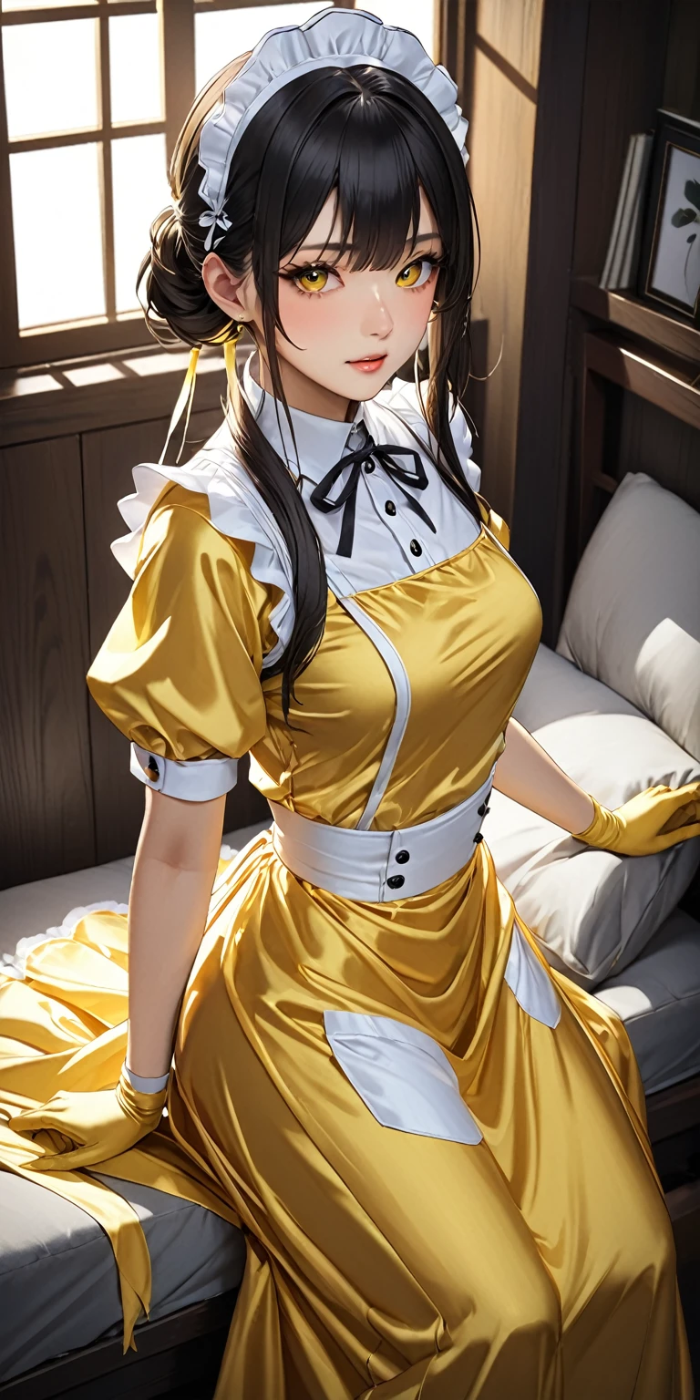 (masterpiece,highest quality,超A high resolution),Japanese women, (((Very beautiful 25 year old girl))),(Yellow satin maid outfit)、Yellow satin long skirt、(Yellow satin long sleeve shirt)、Yellow satin long gloves、The clothes fit snugly to the body、Satin has a very high shine.、Dark Room