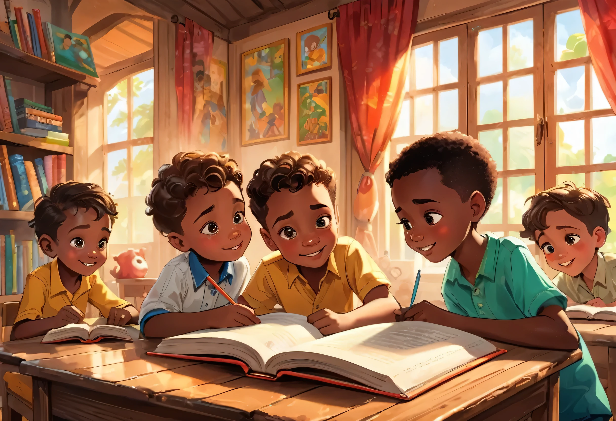 A and three boy of six years old in (African) reading a book in a beautiful classroom (masterpiece best quality:1.2) delicate illustration ultra-detailed, (disney-related event) indoor, (classroom), detailed background, illustrations, bright, colourful,