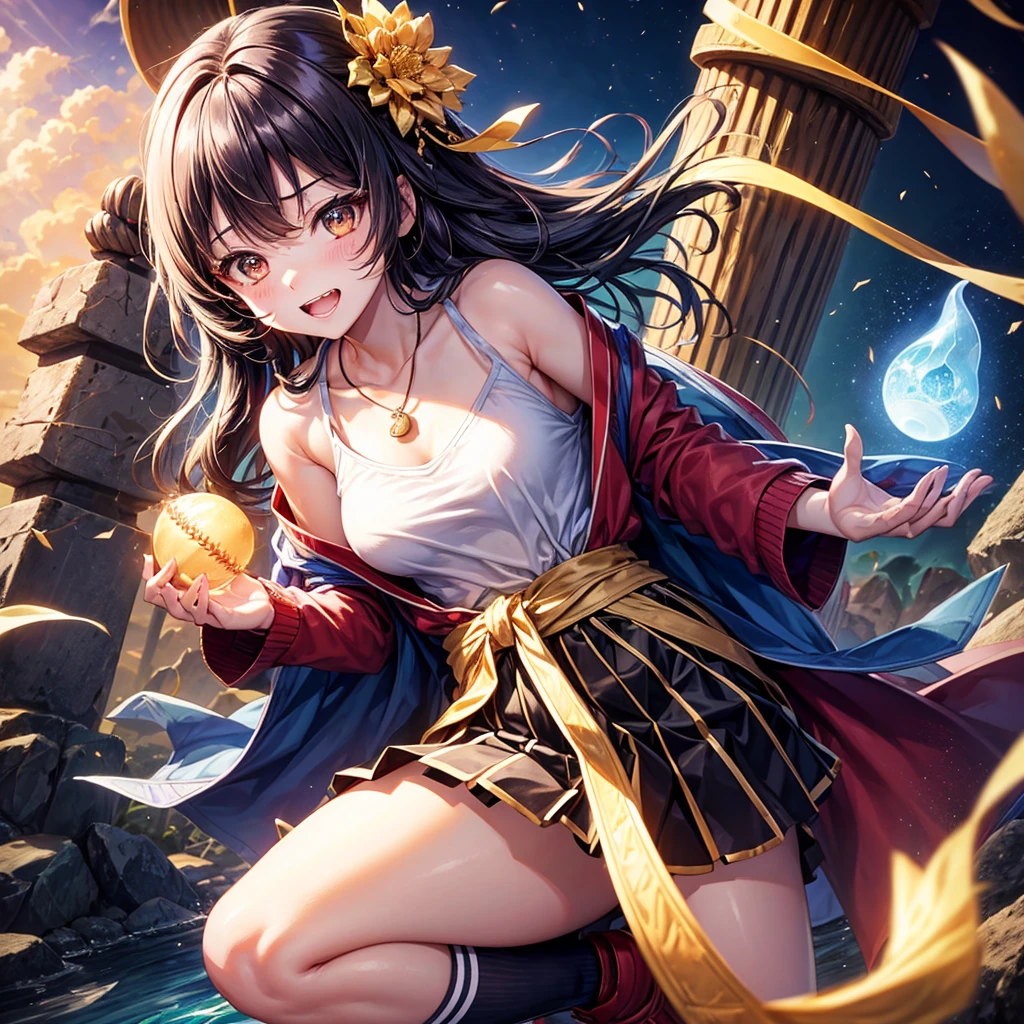 Red Blue Gold Hair、Golden Eyes、Braid、One good looking girl、solo、anime、Checkered mini skirt、Ruffles on the skirt、camisole、cardigan、Black knee-high socks、Wearing a baseball cap、Wearing a ribbon、Ribbon on waist、Tilting face、Teeth are visible、Sunset sky、Piercing the clouds、Contrail、Cumulonimbus、Pillar of Light、Silver coin necklace、A world of light、shine、From above、bell、torii、Desert Oasis、water is gushing out、Sparks are flying、hourglass