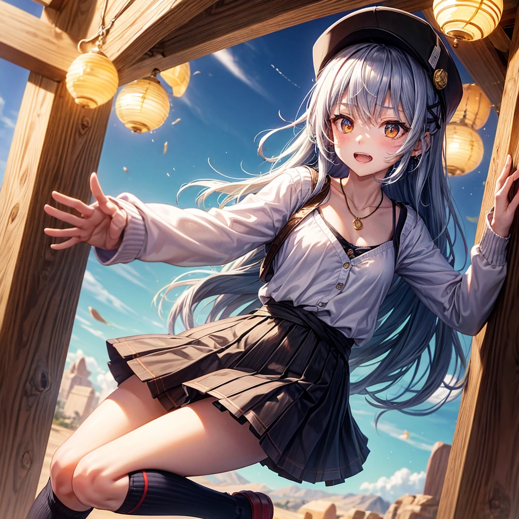 Red Blue Gold Hair、Golden Eyes、Braid、One good looking girl、solo、anime、Checkered mini skirt、Ruffles on the skirt、camisole、cardigan、Black knee-high socks、Wearing a baseball cap、Wearing a ribbon、Ribbon on waist、Tilting face、Teeth are visible、Sunset sky、Piercing the clouds、Contrail、Cumulonimbus、Pillar of Light、Silver coin necklace、A world of light、shine、From above、bell、torii、Desert Oasis、water is gushing out、Sparks are flying、hourglass